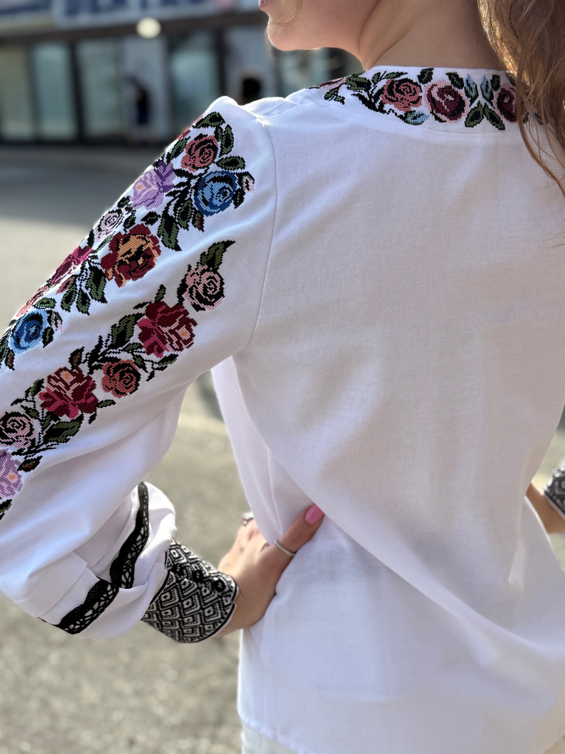 Women’s Embroidered Shirt "Rose" – White Ukrainian Vyshyvanka with Floral Motifs