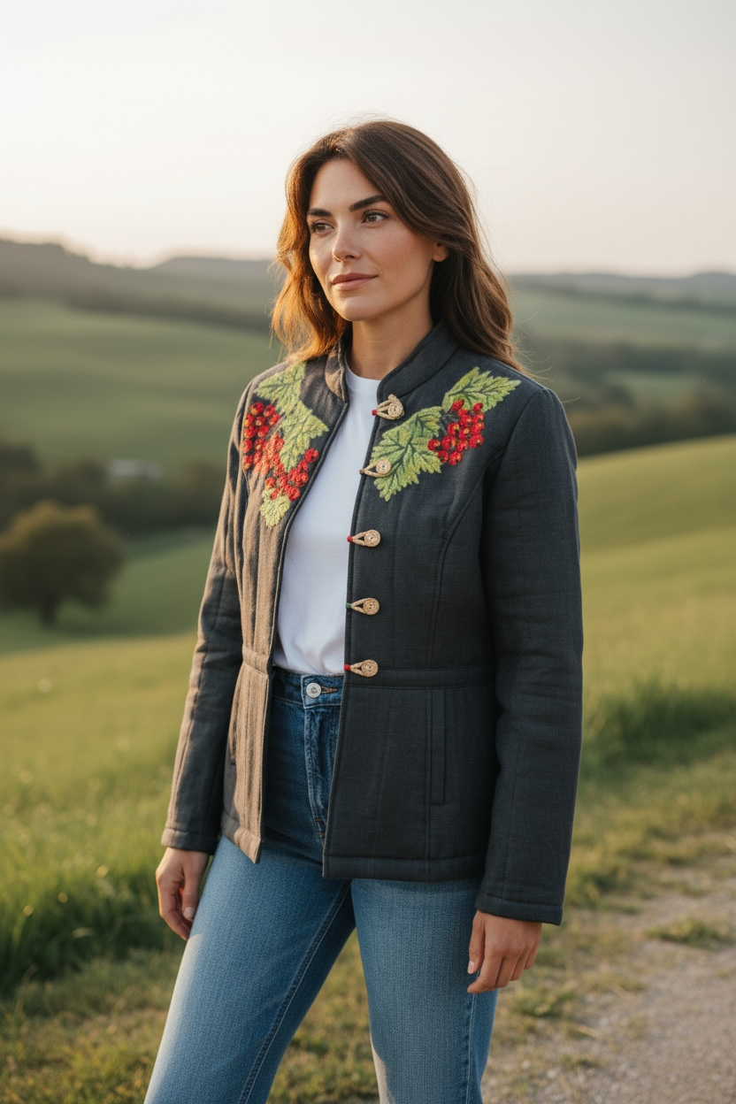 Linen Jacket "Kalyna" With Handmade Wool Felting Black