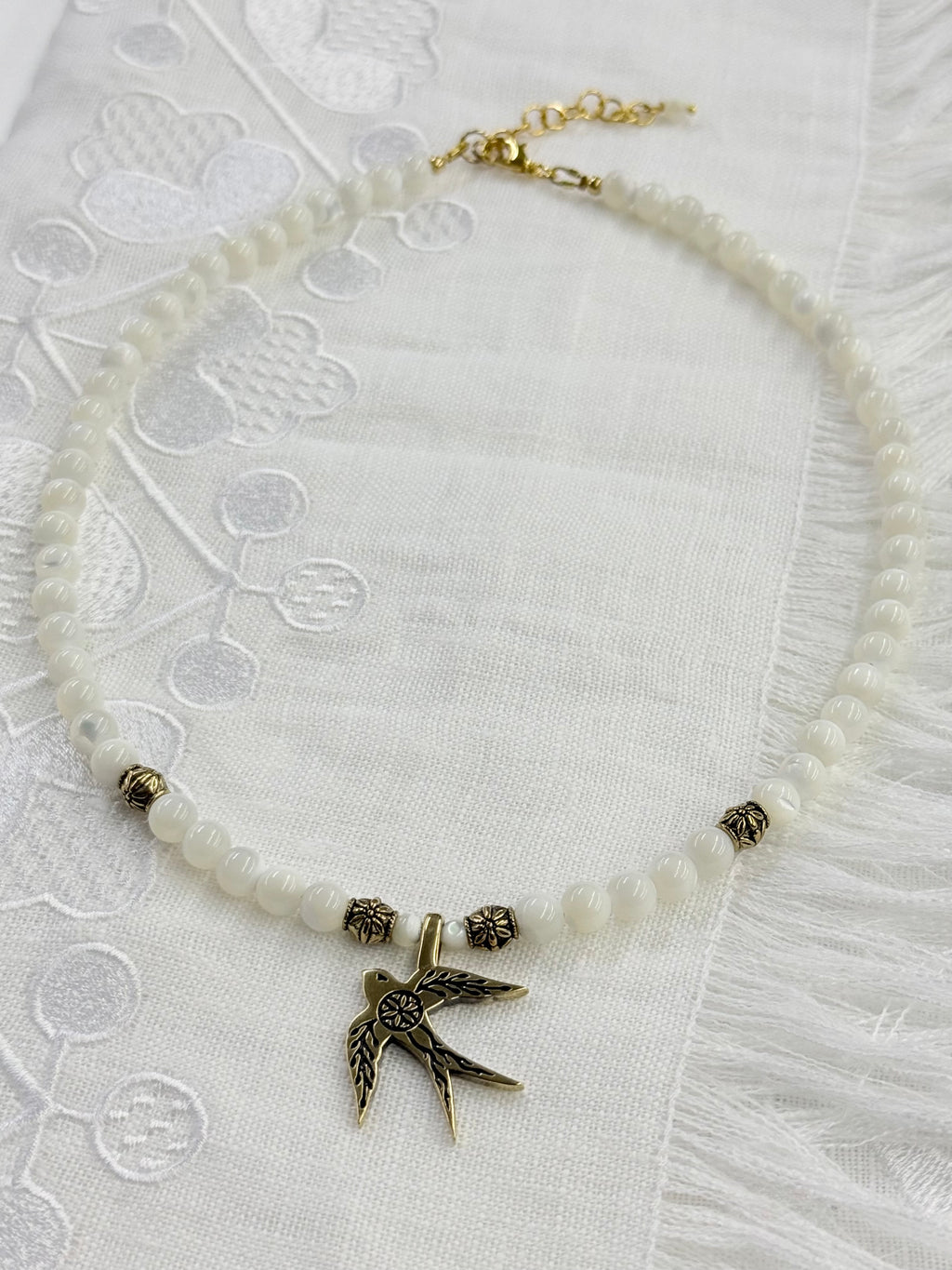 Mother of Pearl Necklace with “Swallow” Brass Pendant