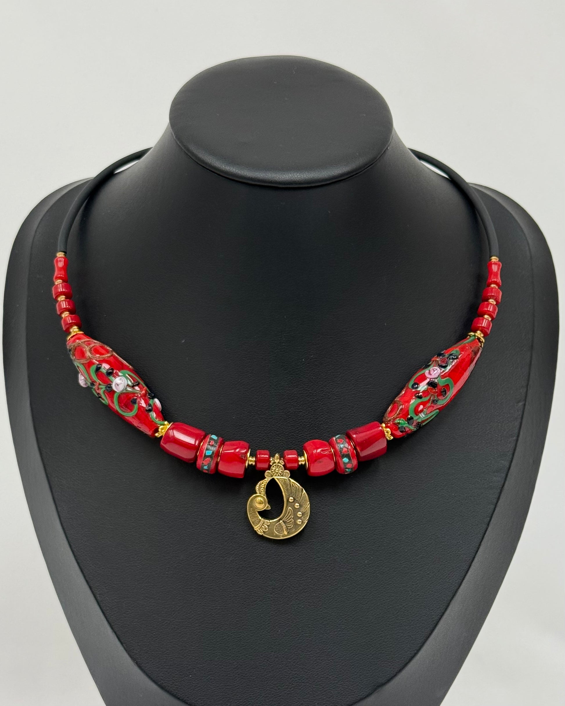 Dyed Coral Choker with Brass Firebird Pendant