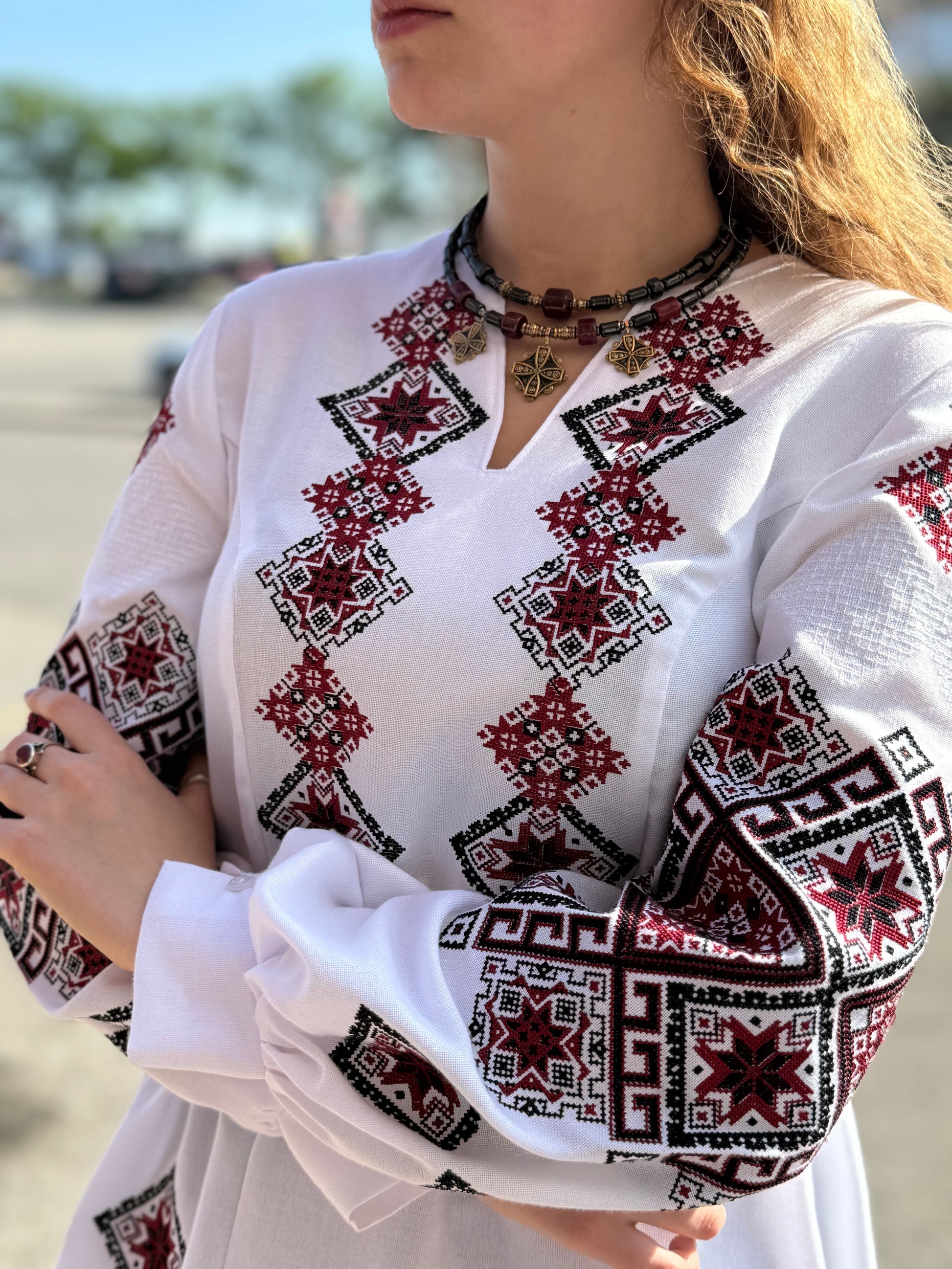 Women’s Embroidered Shirt "Red Star" – White Ukrainian Vyshyvanka with Red and Black Embroidery