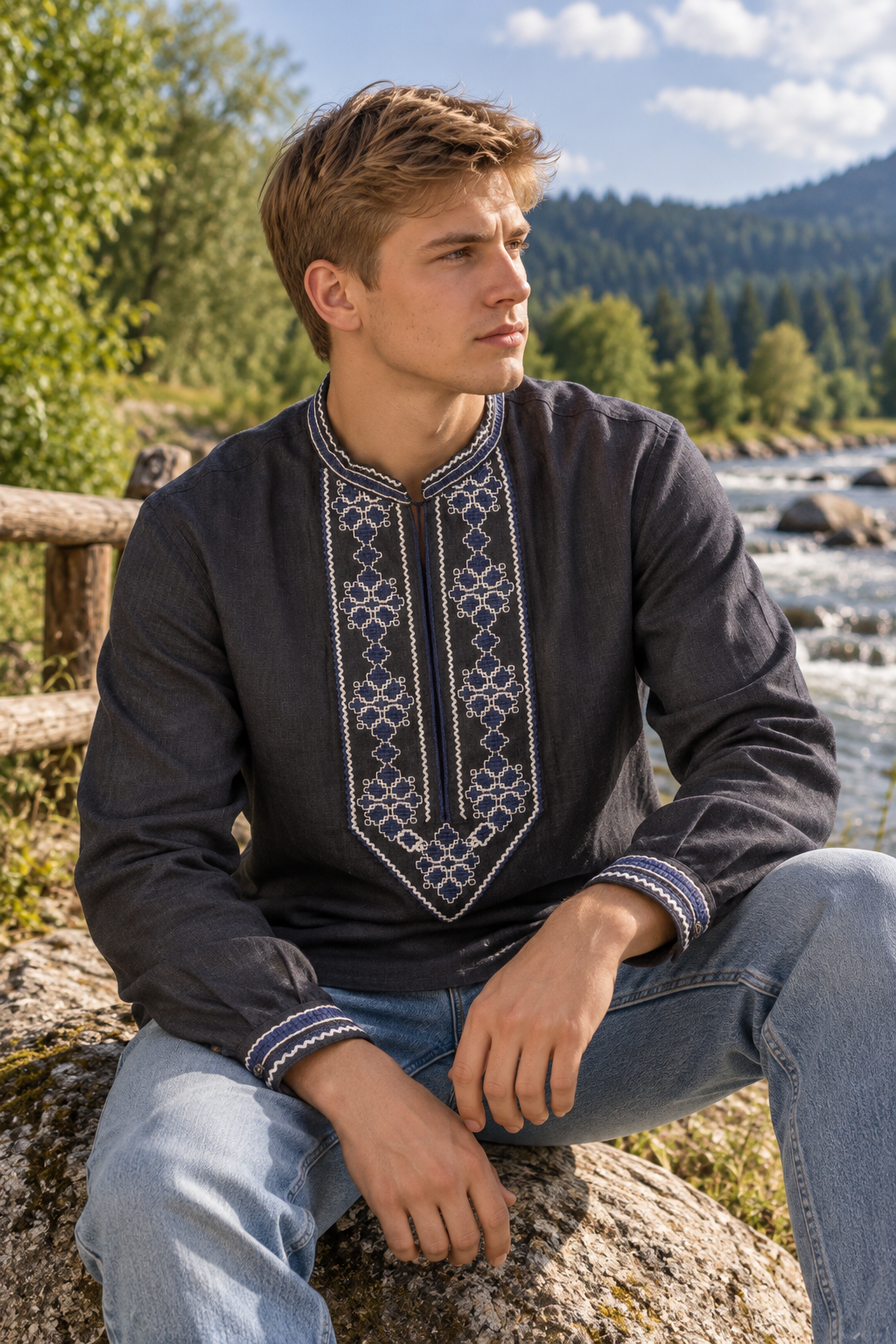 Men's Dark Graphite Linen Vyshyvanka with Geometric Embroidery