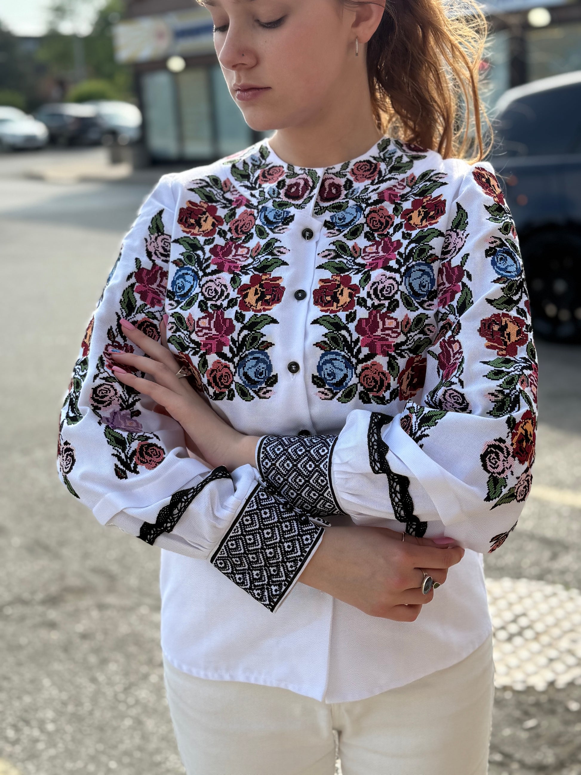 Women’s Embroidered Shirt "Rose" – White Ukrainian Vyshyvanka with Floral Motifs