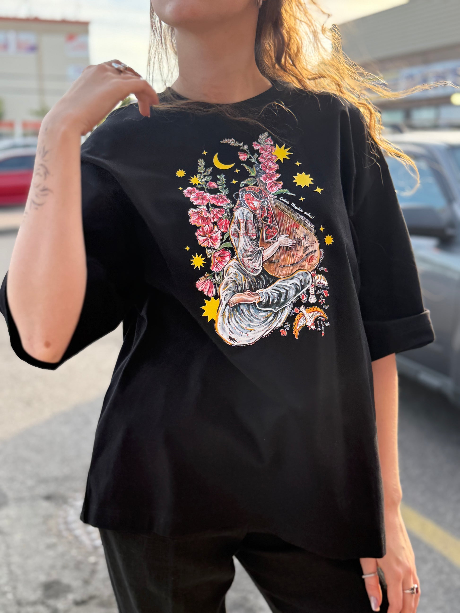 T-Shirt with Ukrainian Print Motanka with Bandura Black