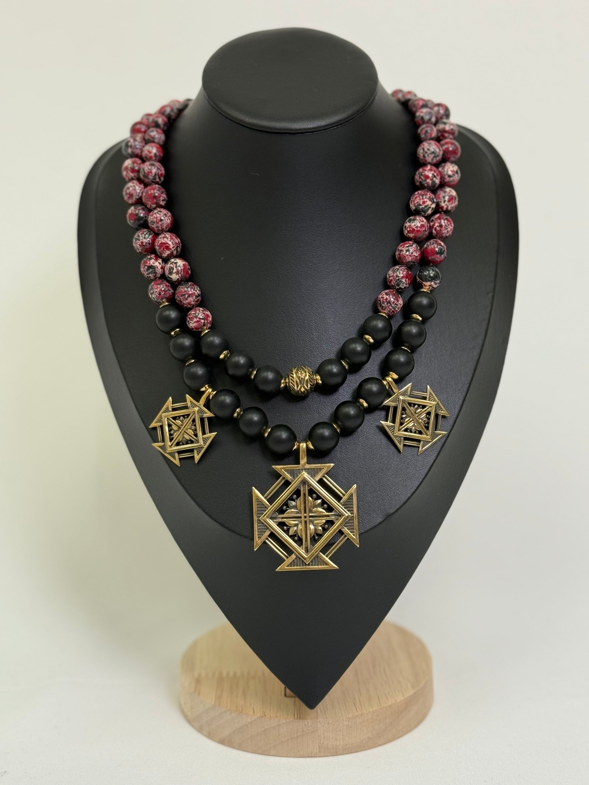 Natural Burgundy-Black Stone Necklace with Brass 'Khrestovi' Zgardas
