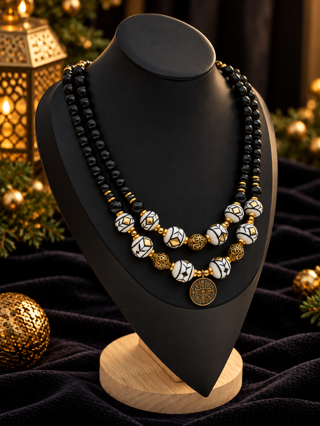 “Kryzhyk” Double-Strand Onyx & Ceramic Necklace — “Christmas Night” Collection