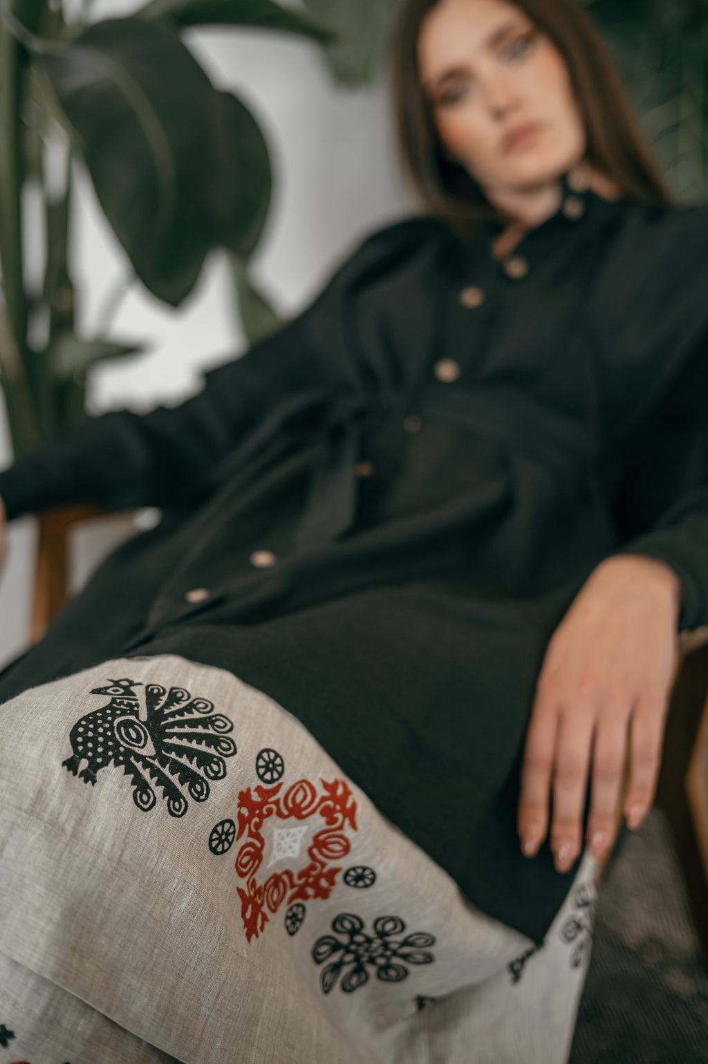Black Ukrainian Midi Dress with Traditional Block Print