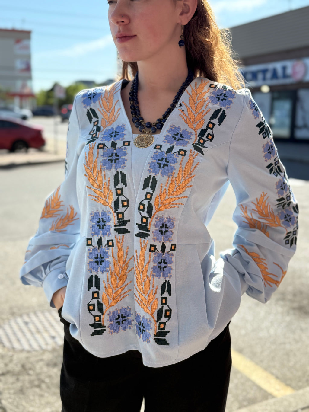 Women’s Embroidered Shirt "Cornflowers" – Light Blue Ukrainian Vyshyvanka with Floral Motifs