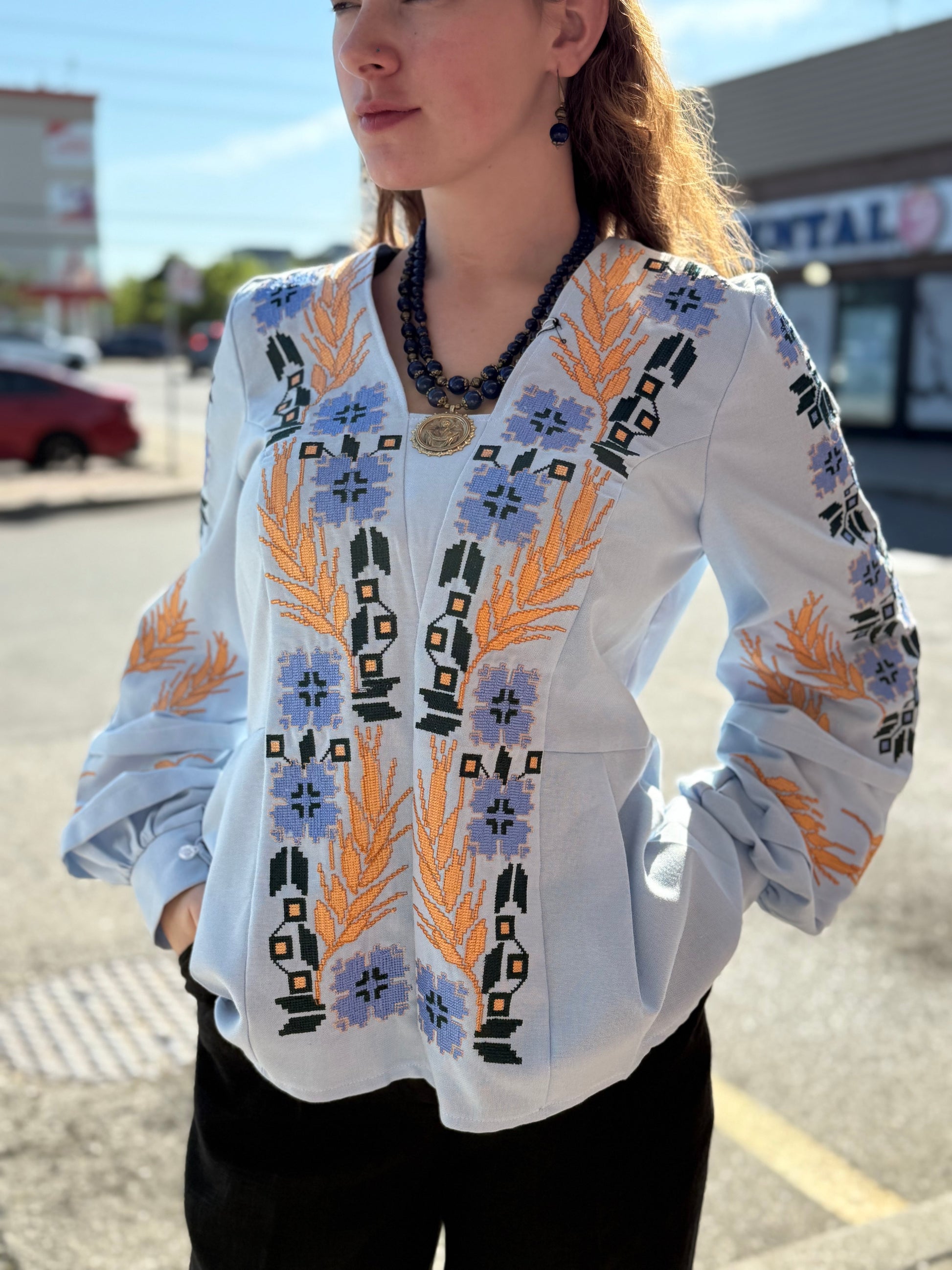 Women’s Embroidered Shirt "Cornflowers" – Light Blue Ukrainian Vyshyvanka with Floral Motifs