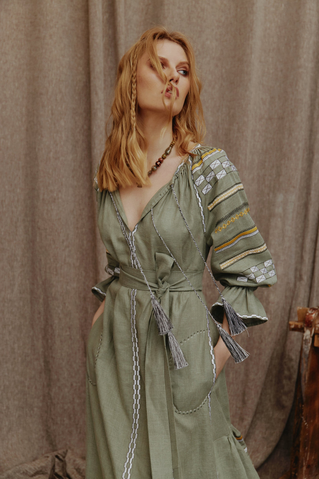 “Aurora” Embroidered Linen Maxi Dress