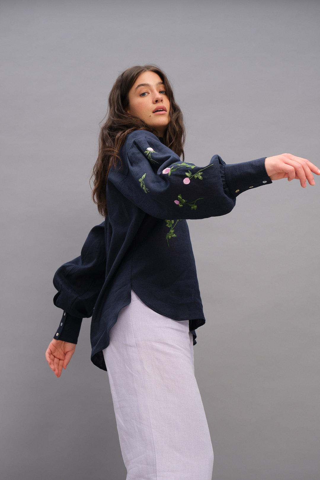 Dark Blue Linen Shirt with Puffy Sleeves and Hand-Embroidered Clover