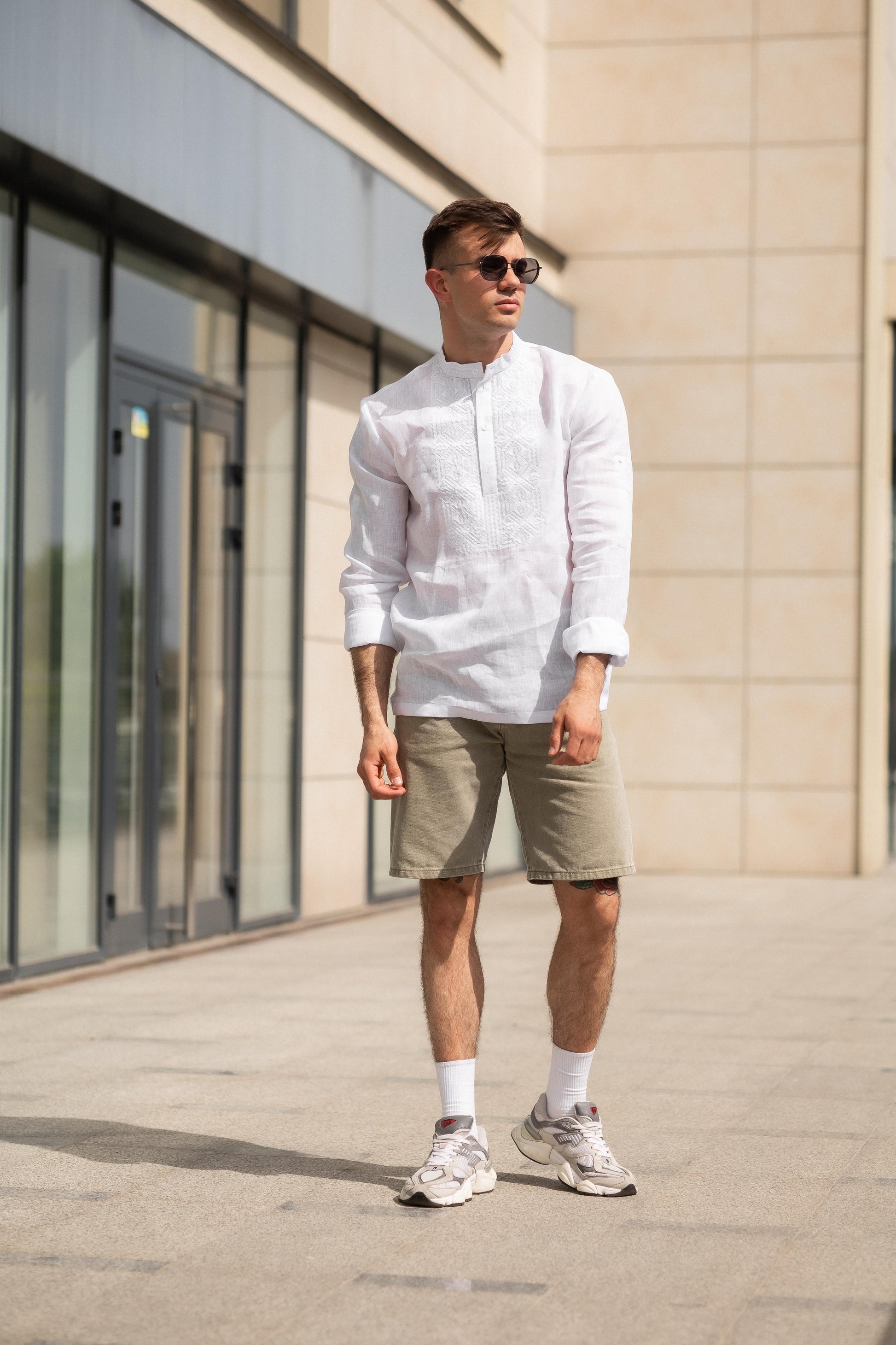 Men’s White Linen Embroidered Shirt (Roll-Up Sleeves)