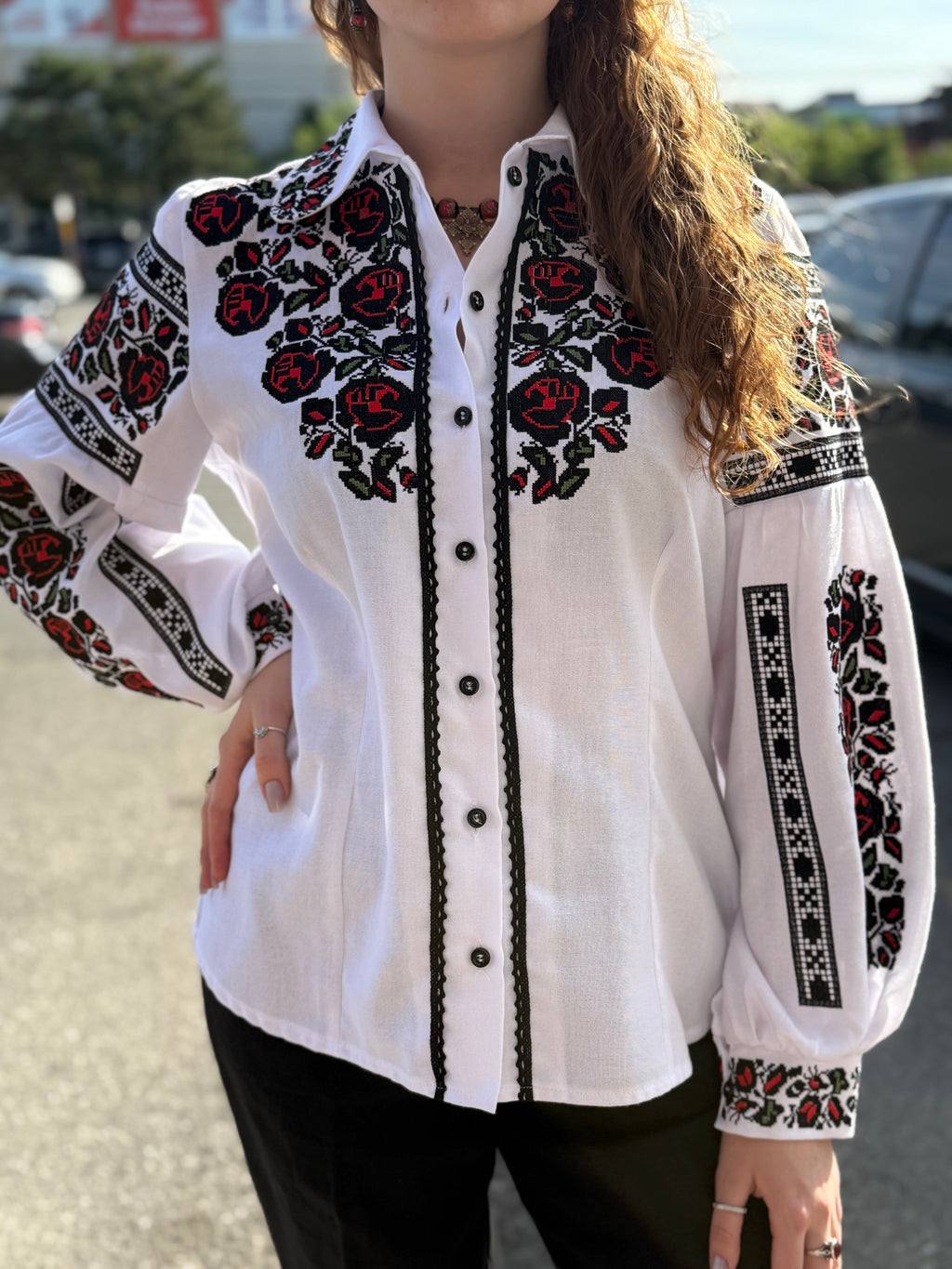 Women’s Embroidered Shirt "Bud" – White Ukrainian Vyshyvanka with Red and Black Rose Embroidery