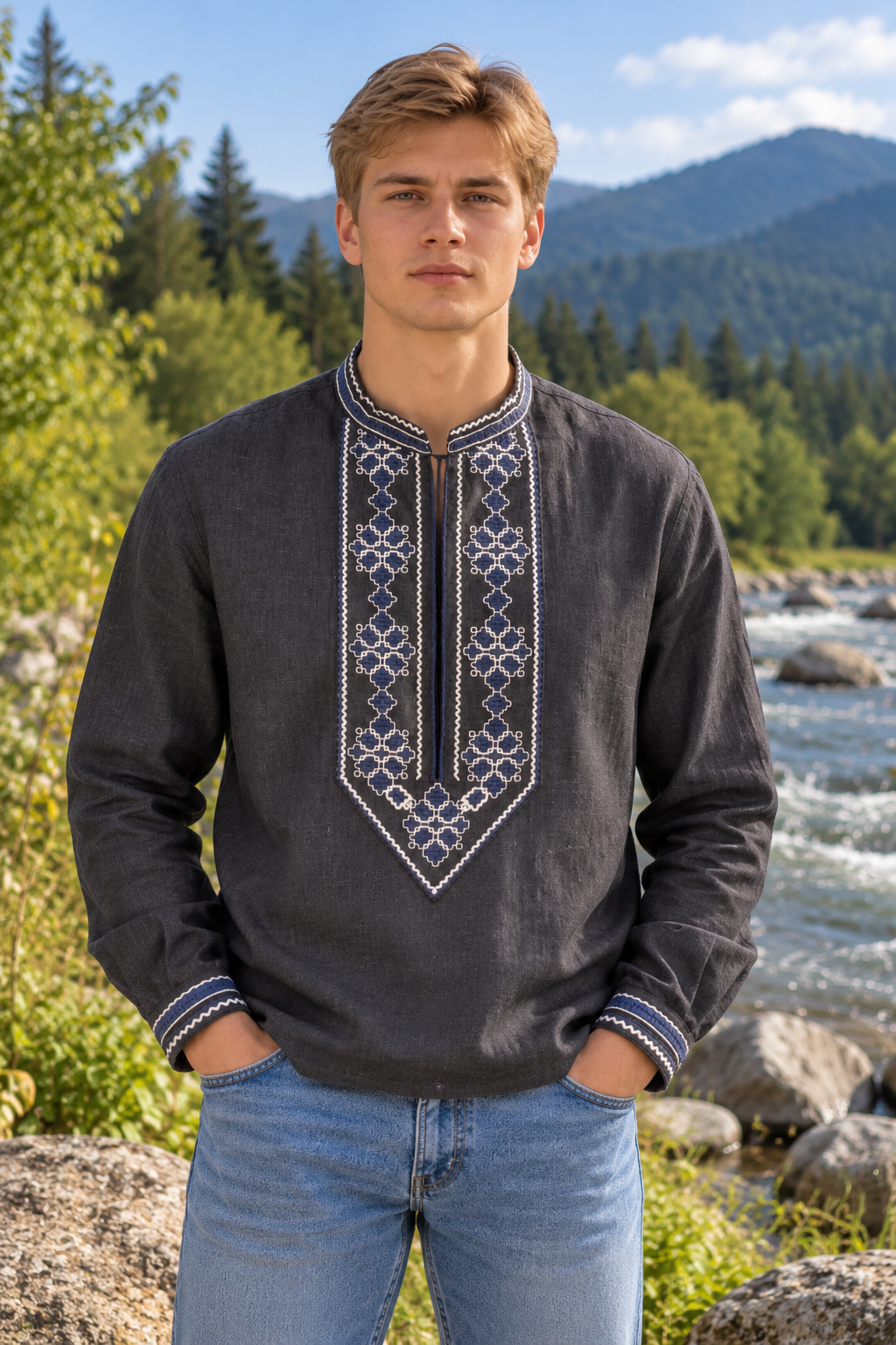 Men's Dark Graphite Linen Vyshyvanka with Geometric Embroidery