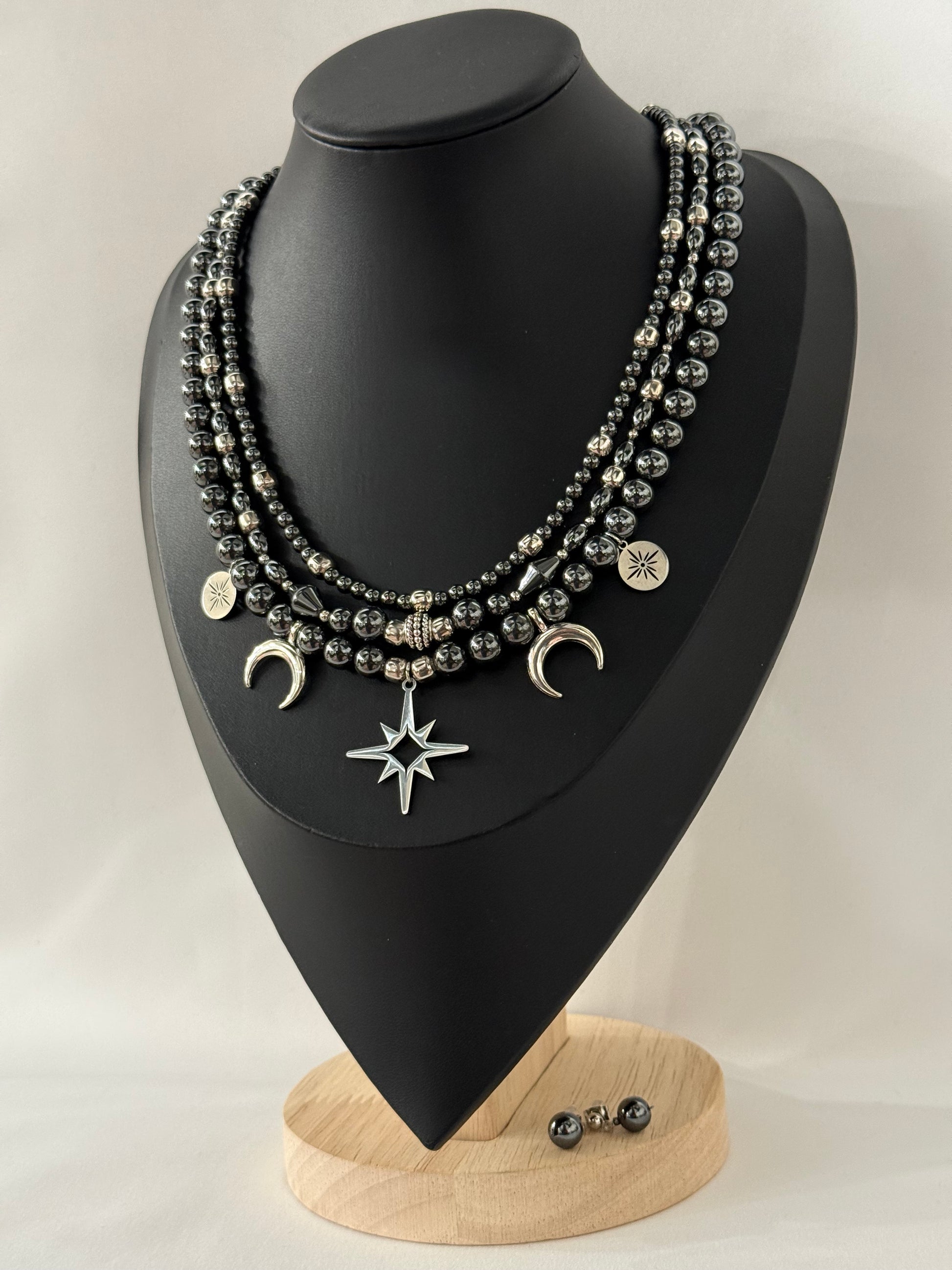 Triple-Strand Necklace with Metal Beads and “Starry Night” Pendants with Earrings | Three Strands