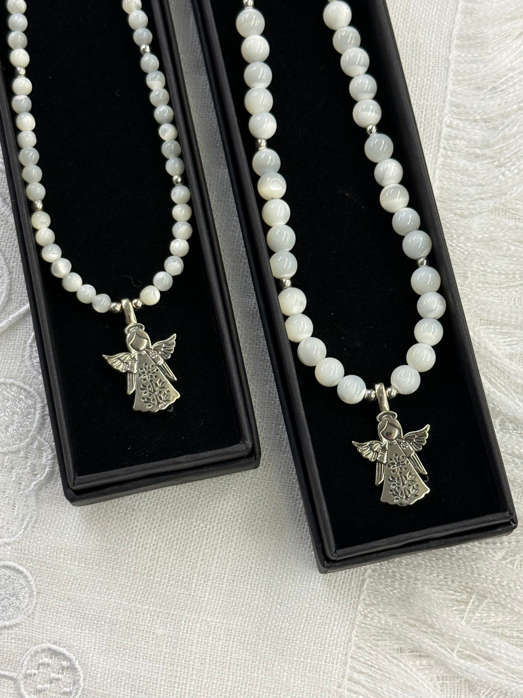 Mother of Pearl Necklace with “Angel” German Silver Pendant