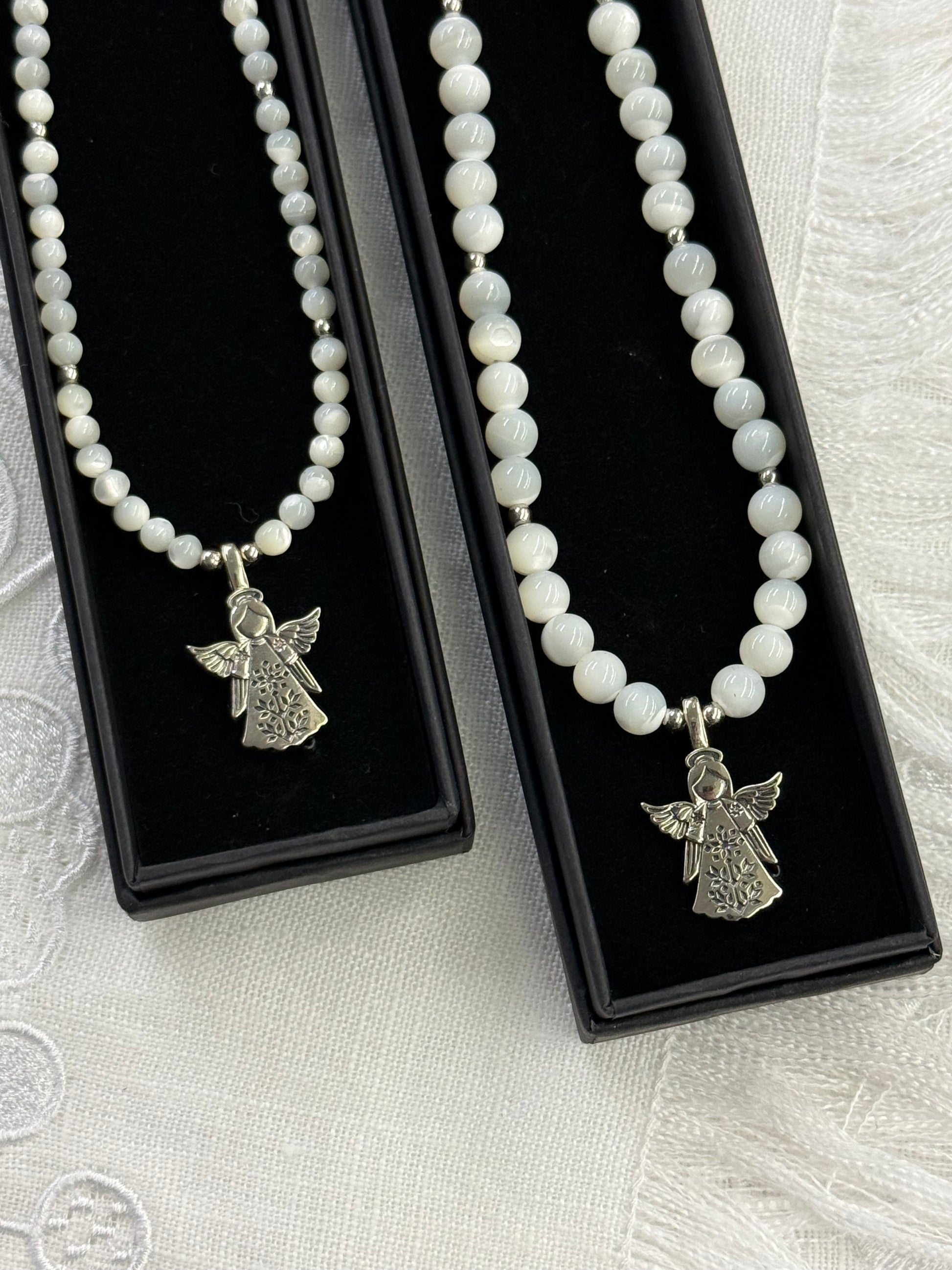 Mother of Pearl Necklace with “Angel” German Silver Pendant
