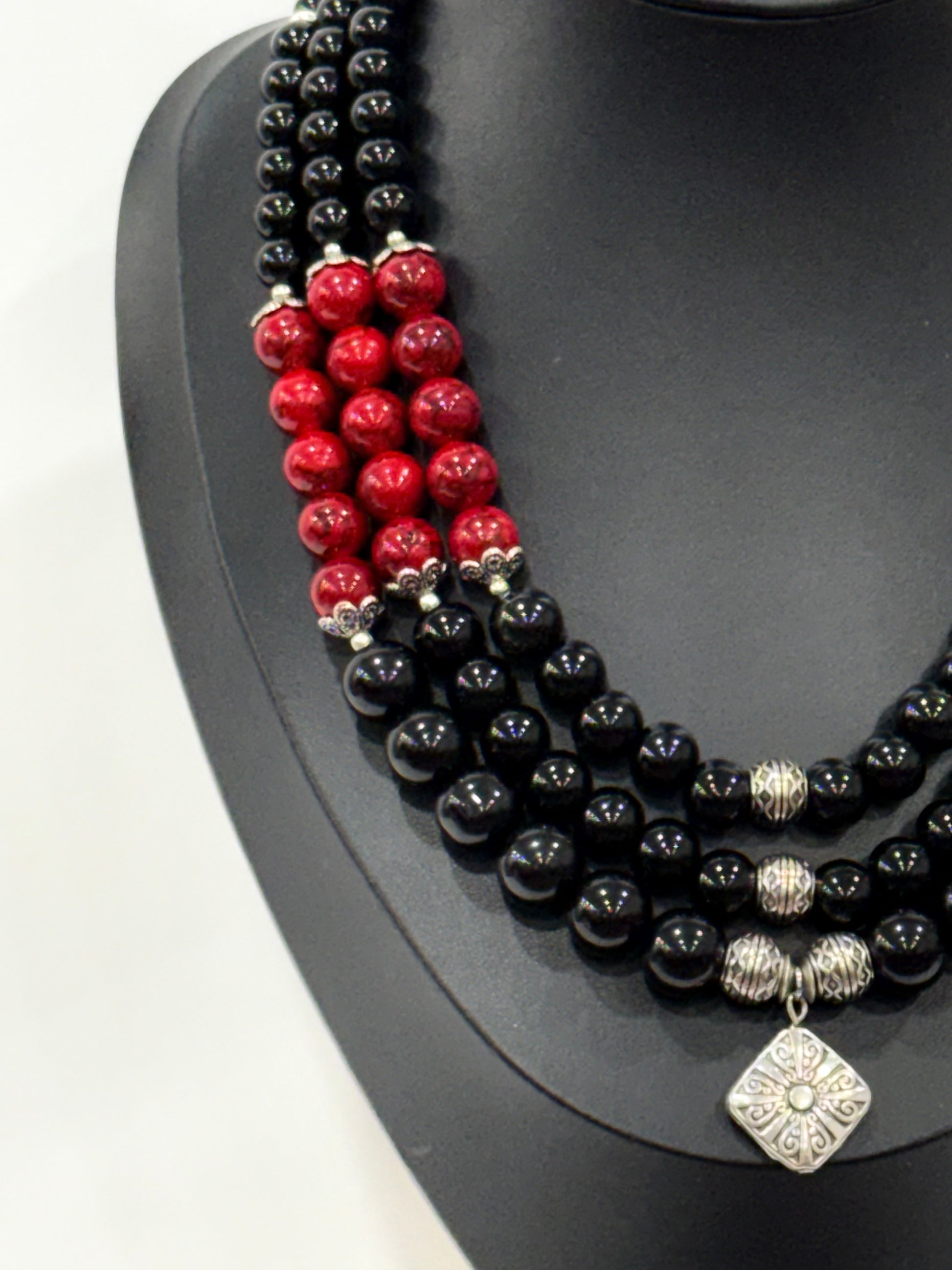Triple-Strand Black and Red Necklace with Onyx and Ceramic Beads | Three Strands