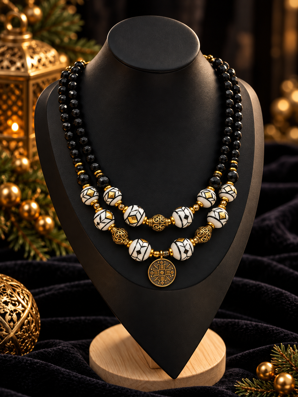 “Kryzhyk” Double-Strand Onyx & Ceramic Necklace — “Christmas Night” Collection