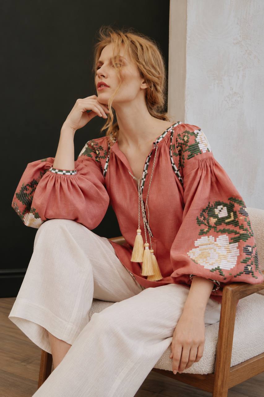 “Roksolana” Coral Floral Embroidered Blouse