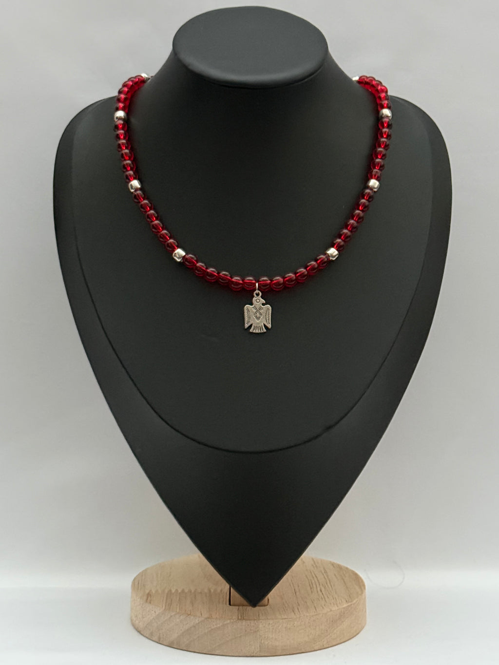 Red Glass Bead Necklace with Falcon Pendant | Single Strand