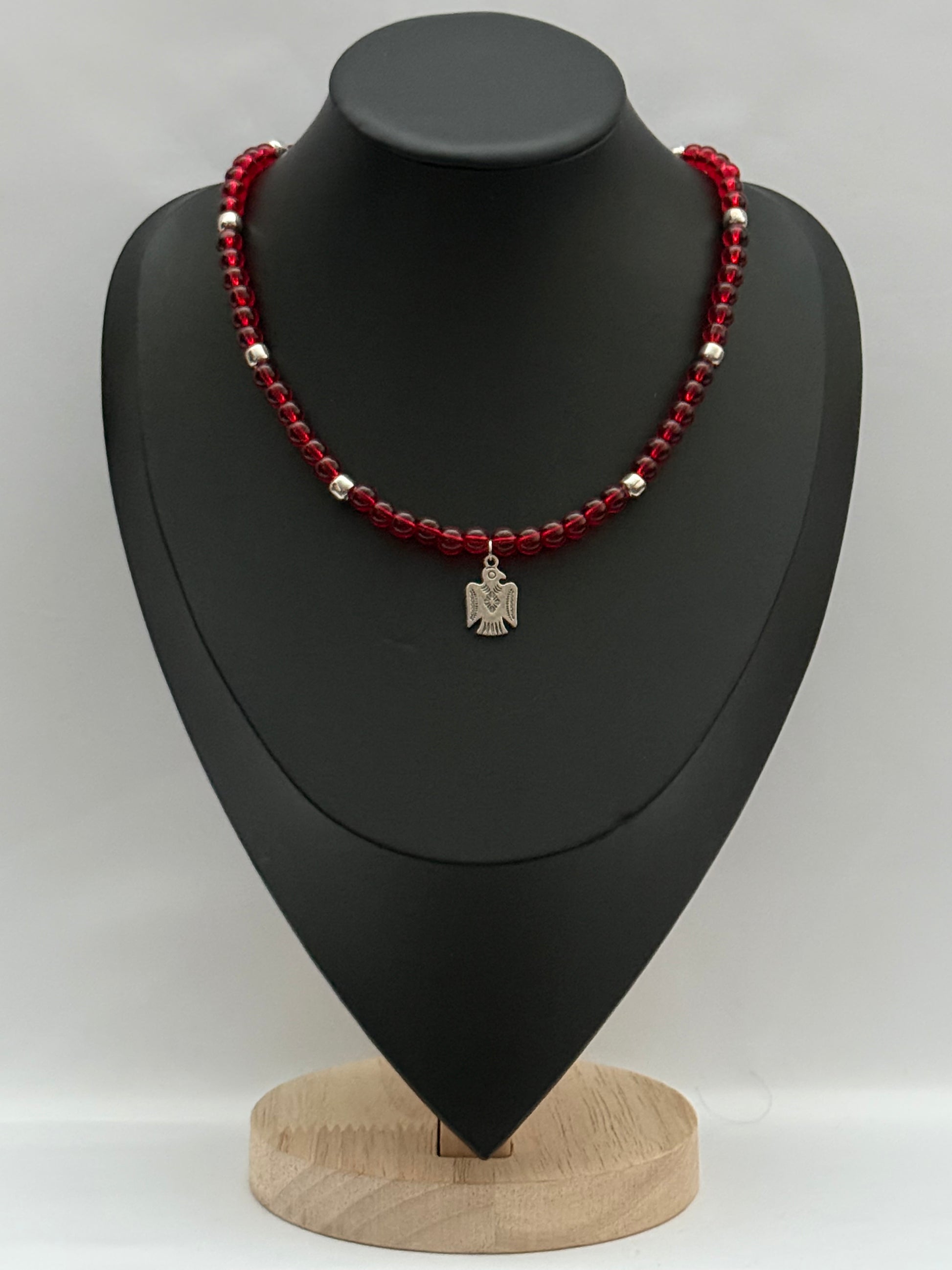 Red Glass Bead Necklace with Falcon Pendant | Single Strand