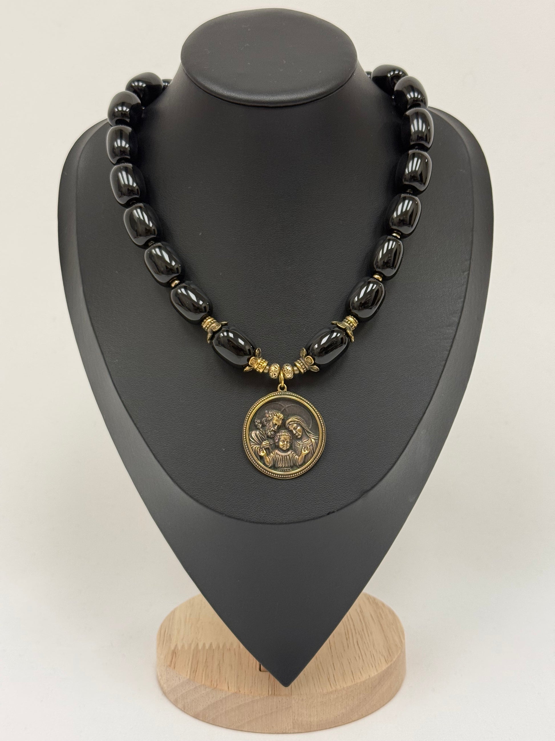Single-Strand Necklace – Black Agate with Brass "Holy Family" Pendant