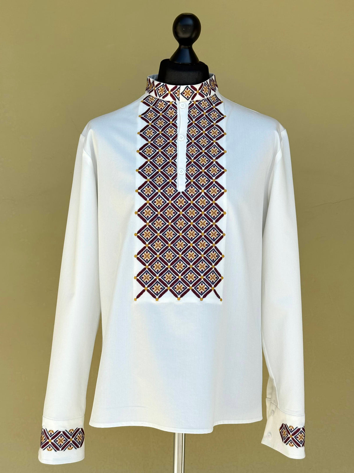 Men's  Ivory Ukrainian Embroidered Shirt with Geometric Embroidery
