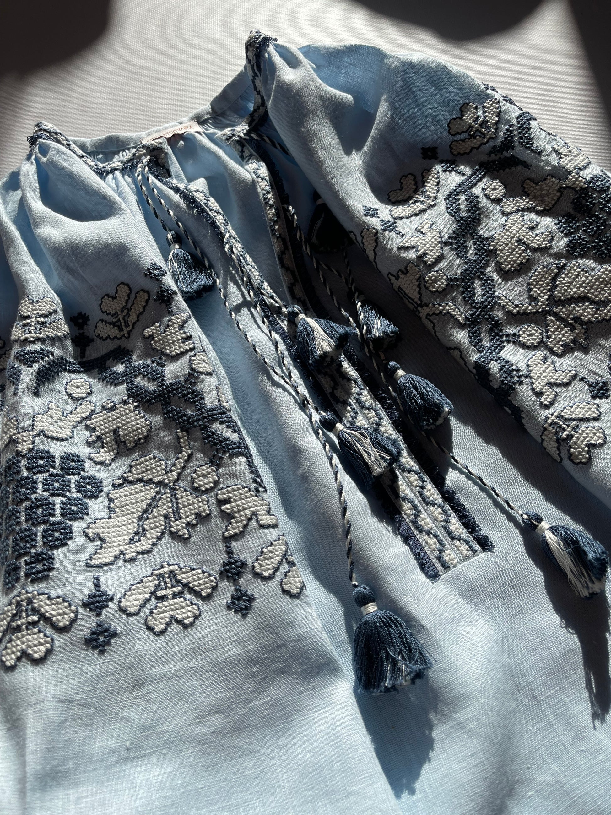Blue Hand-Embroidered Linen Dress