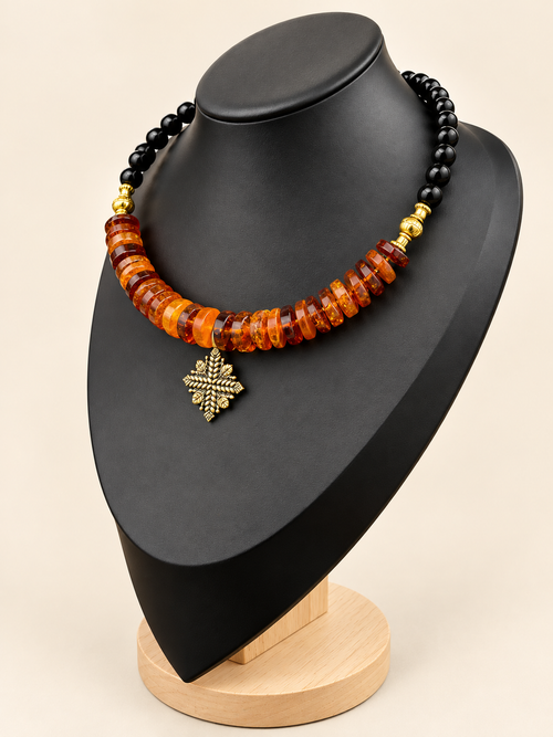Amber & Black Onyx Choker with Brass Pendant