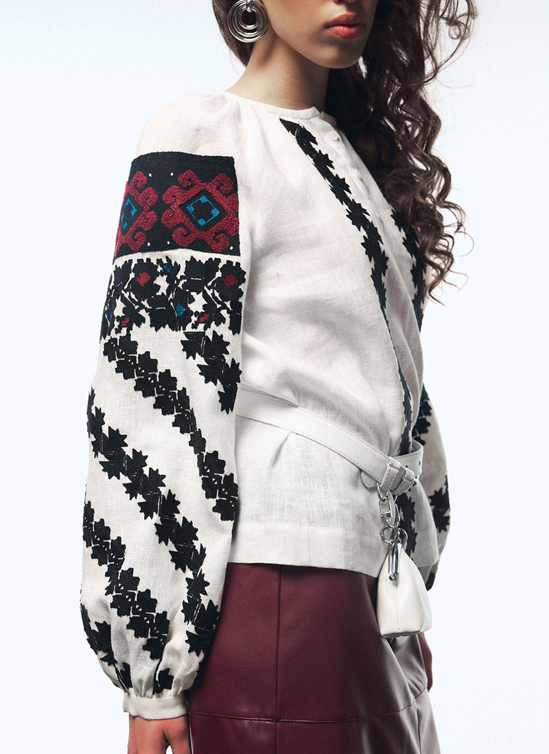 Borshchiv Embroidered Linen Blouse with Statement Sleeves