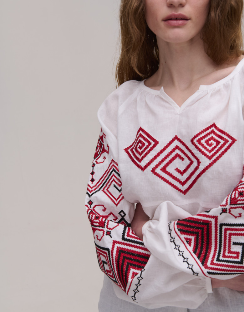 Women’s Embroidered Shirt "Infinity" – White Ukrainian Vyshyvanka in Linen