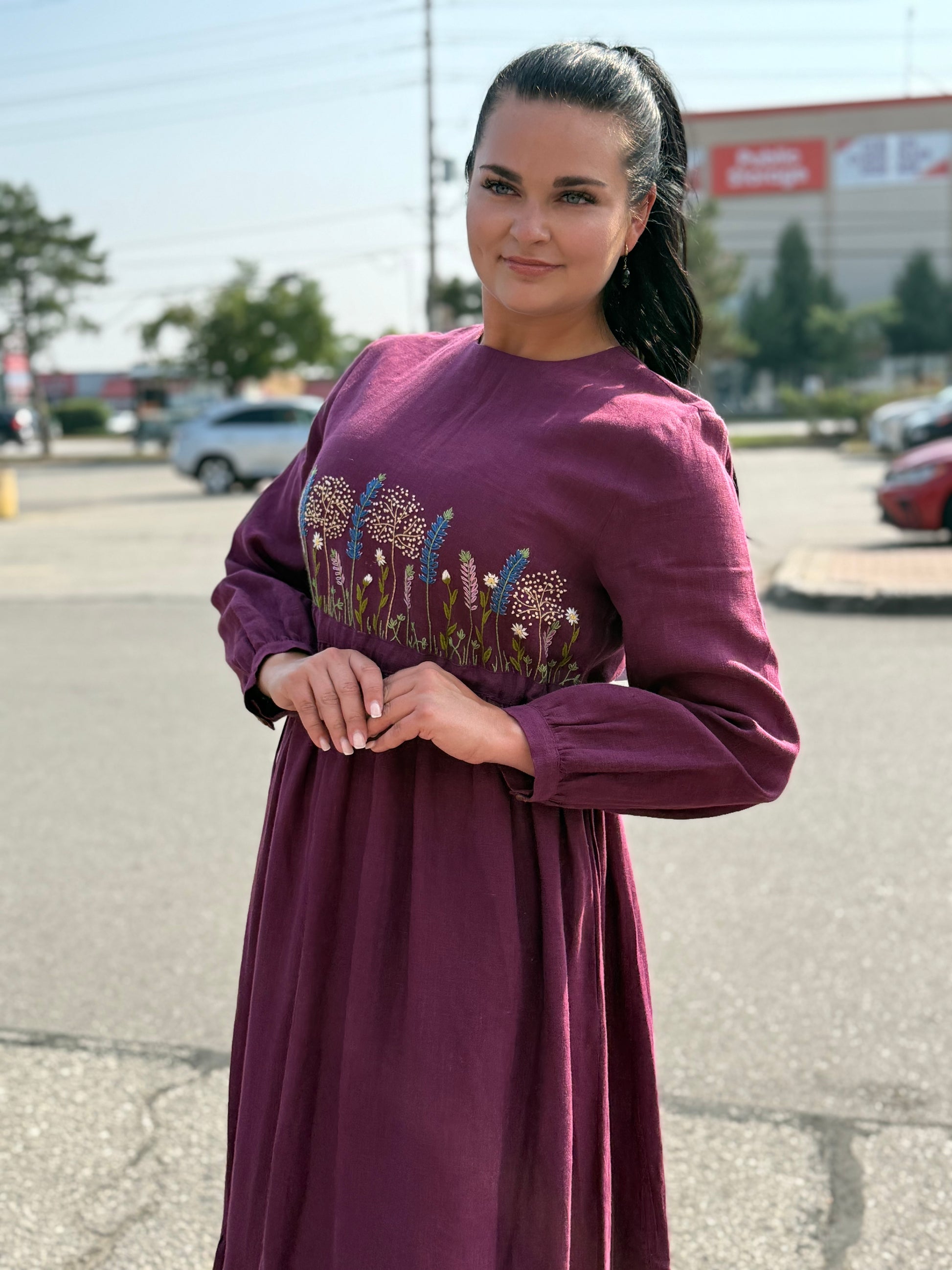 Linen Maxi Dress with Hand Embroidery of Wildflowers