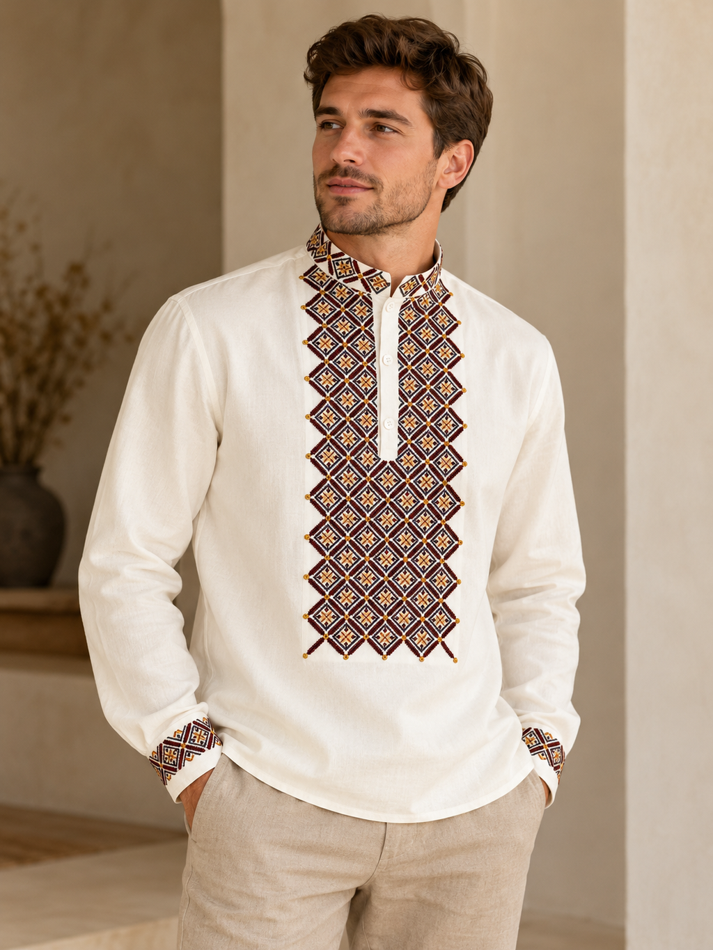 Men's  Ivory Ukrainian Embroidered Shirt with Geometric Embroidery