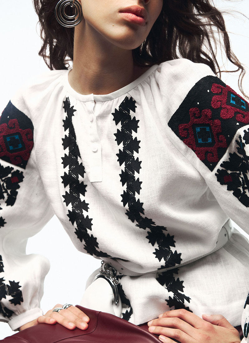 Borshchiv Embroidered Linen Blouse with Statement Sleeves
