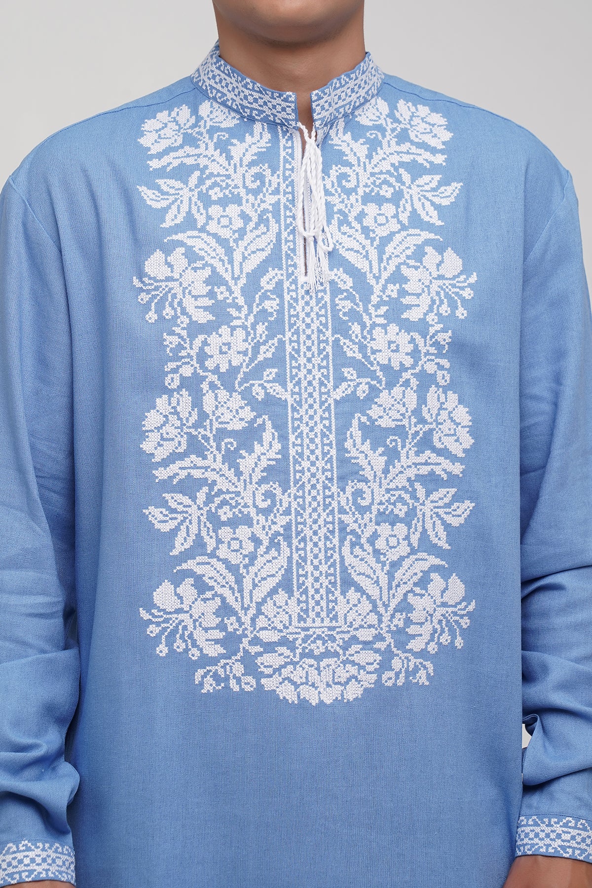 Men’s Embroidered Shirt "Svytanok" – Blue Ukrainian Vyshyvanka with White Cross Stitch