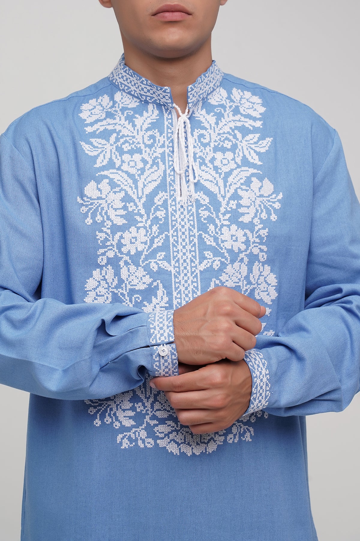 Men’s Embroidered Shirt "Svytanok" – Blue Ukrainian Vyshyvanka with White Cross Stitch