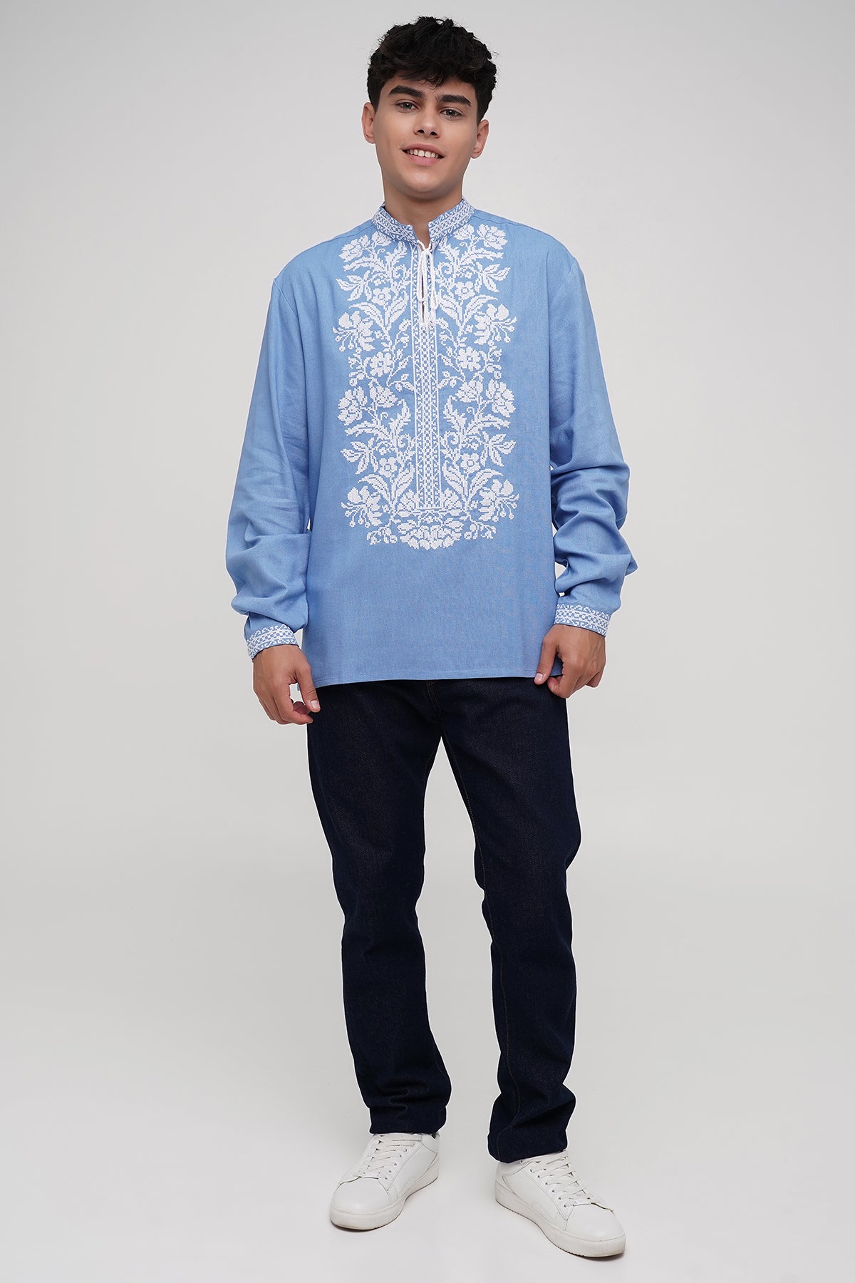 Men’s Embroidered Shirt "Svytanok" – Blue Ukrainian Vyshyvanka with White Cross Stitch