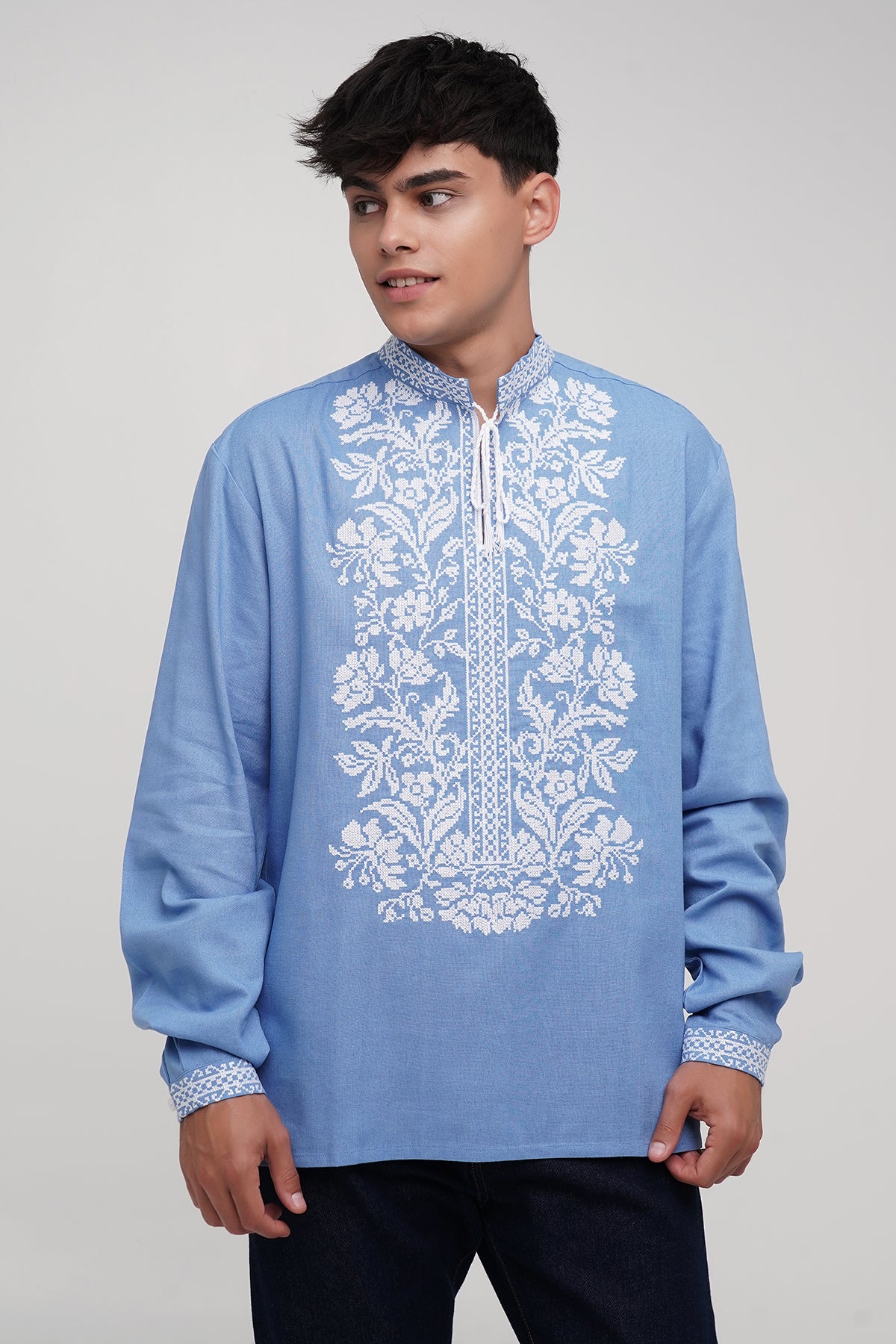 Men’s Embroidered Shirt "Svytanok" – Blue Ukrainian Vyshyvanka with White Cross Stitch