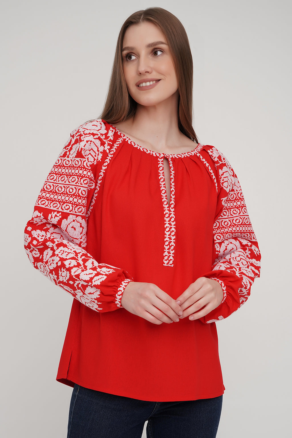 Women’s Red Blouse with White Floral Embroidery