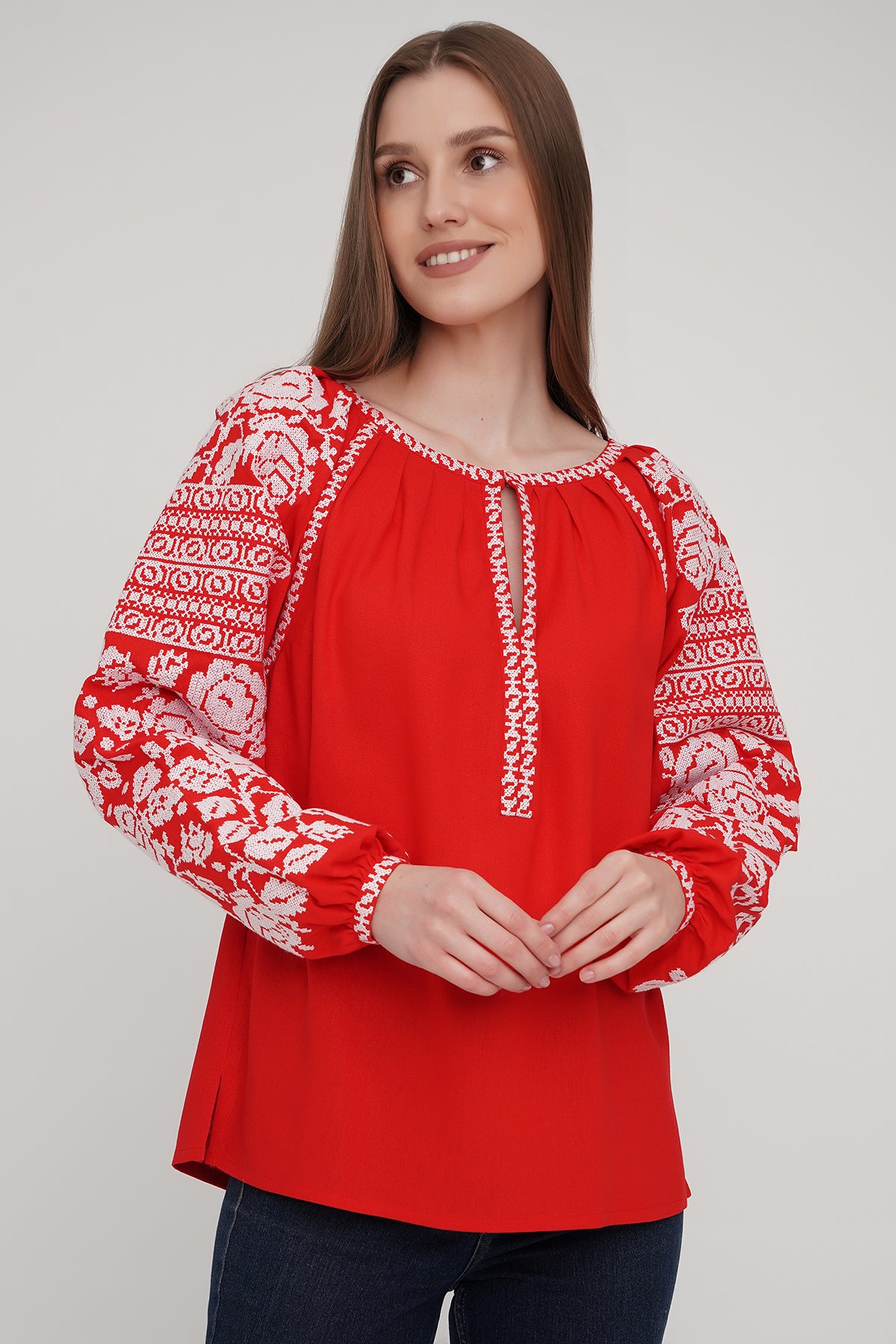 Women’s Red Blouse with White Floral Embroidery