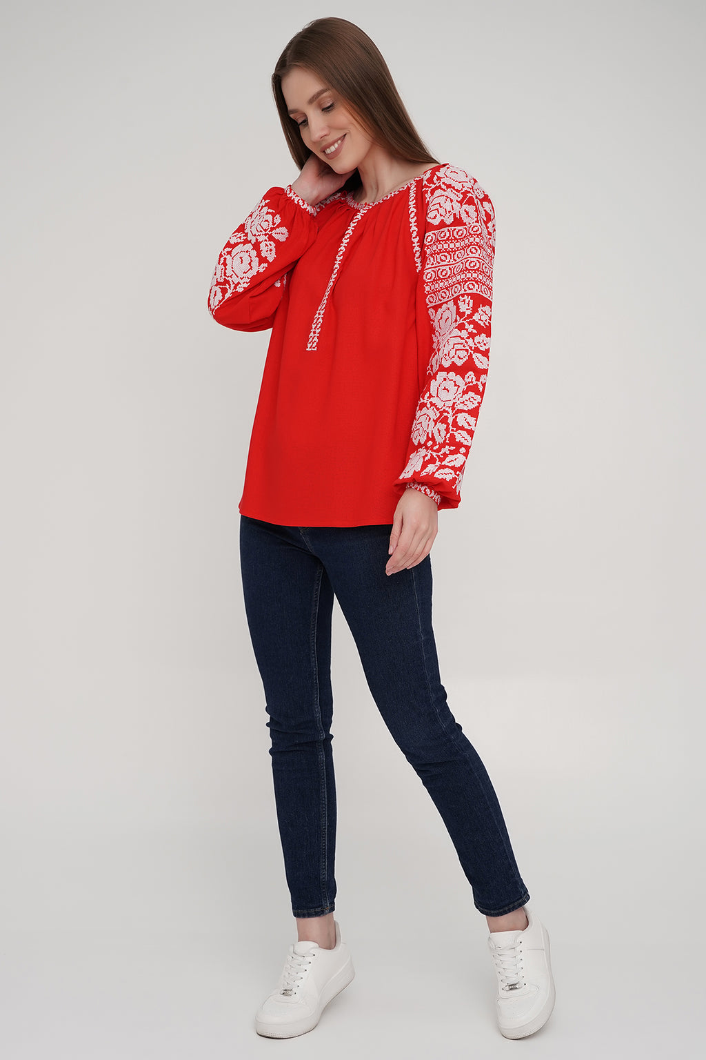 Women’s Red Blouse with White Floral Embroidery