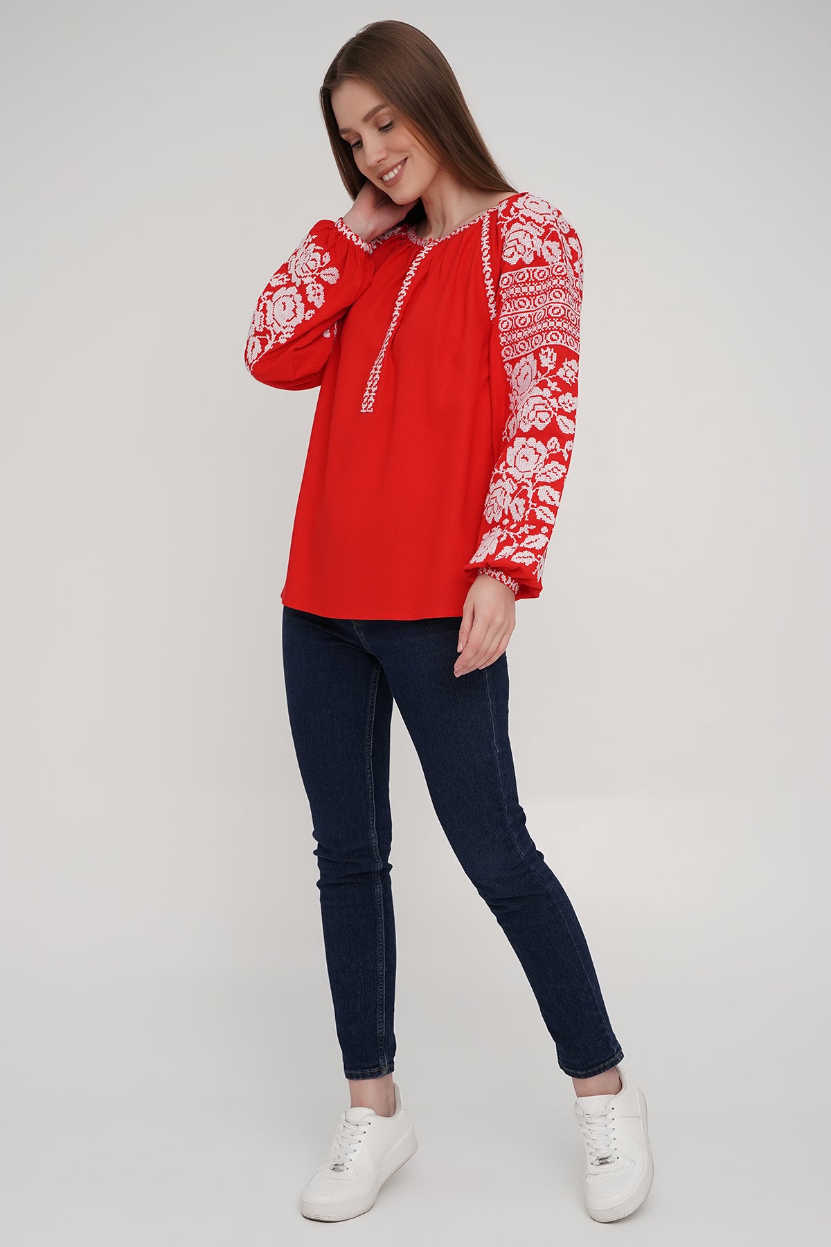 Women’s Red Blouse with White Floral Embroidery