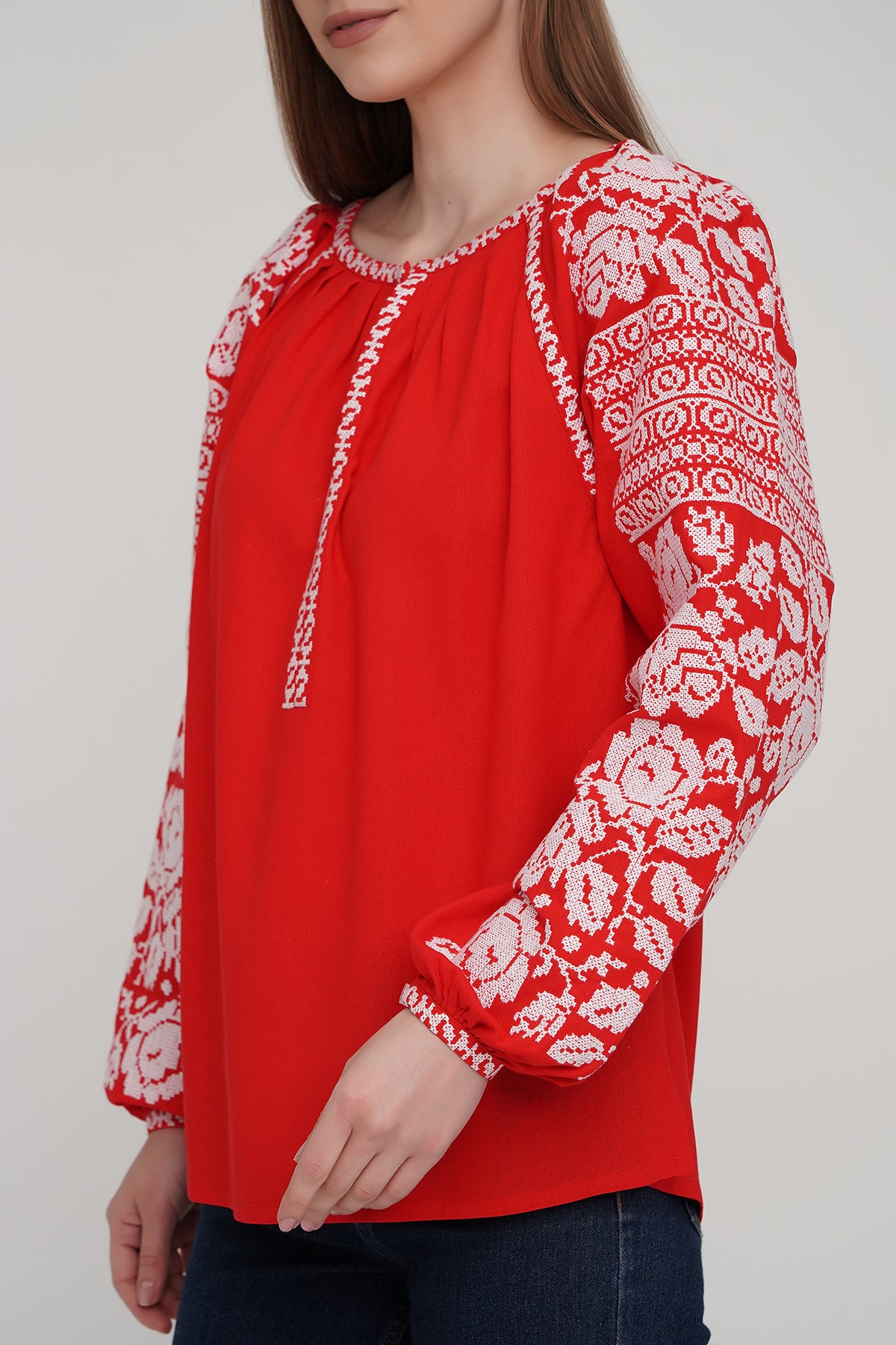 Women’s Red Blouse with White Floral Embroidery