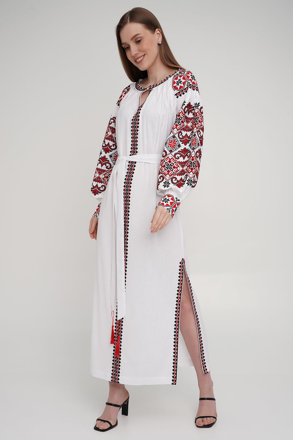 Women’s White Embroidered Dress with Red & Black Cross-Stitch Embroidery – Linen Blend
