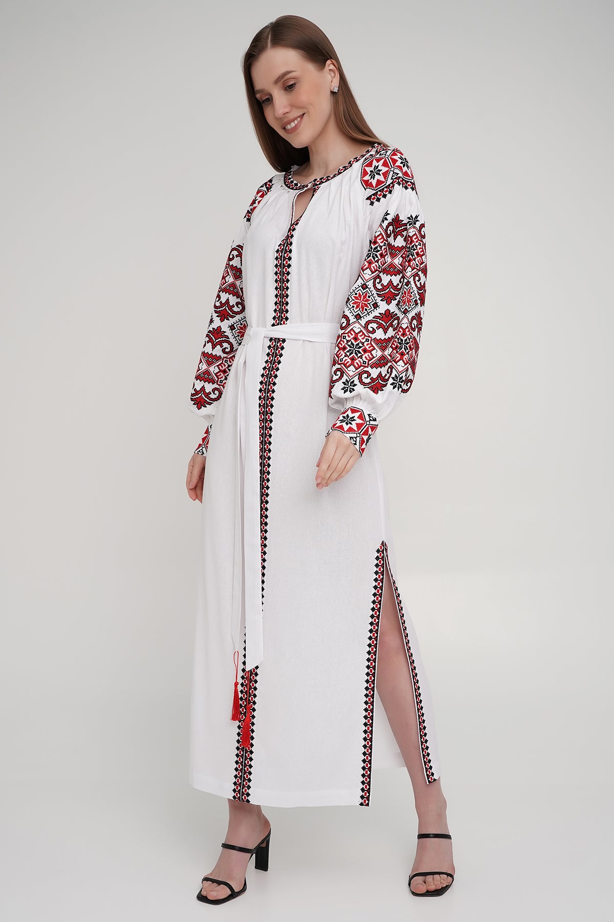 Women’s White Embroidered Dress with Red & Black Cross-Stitch Embroidery – Linen Blend