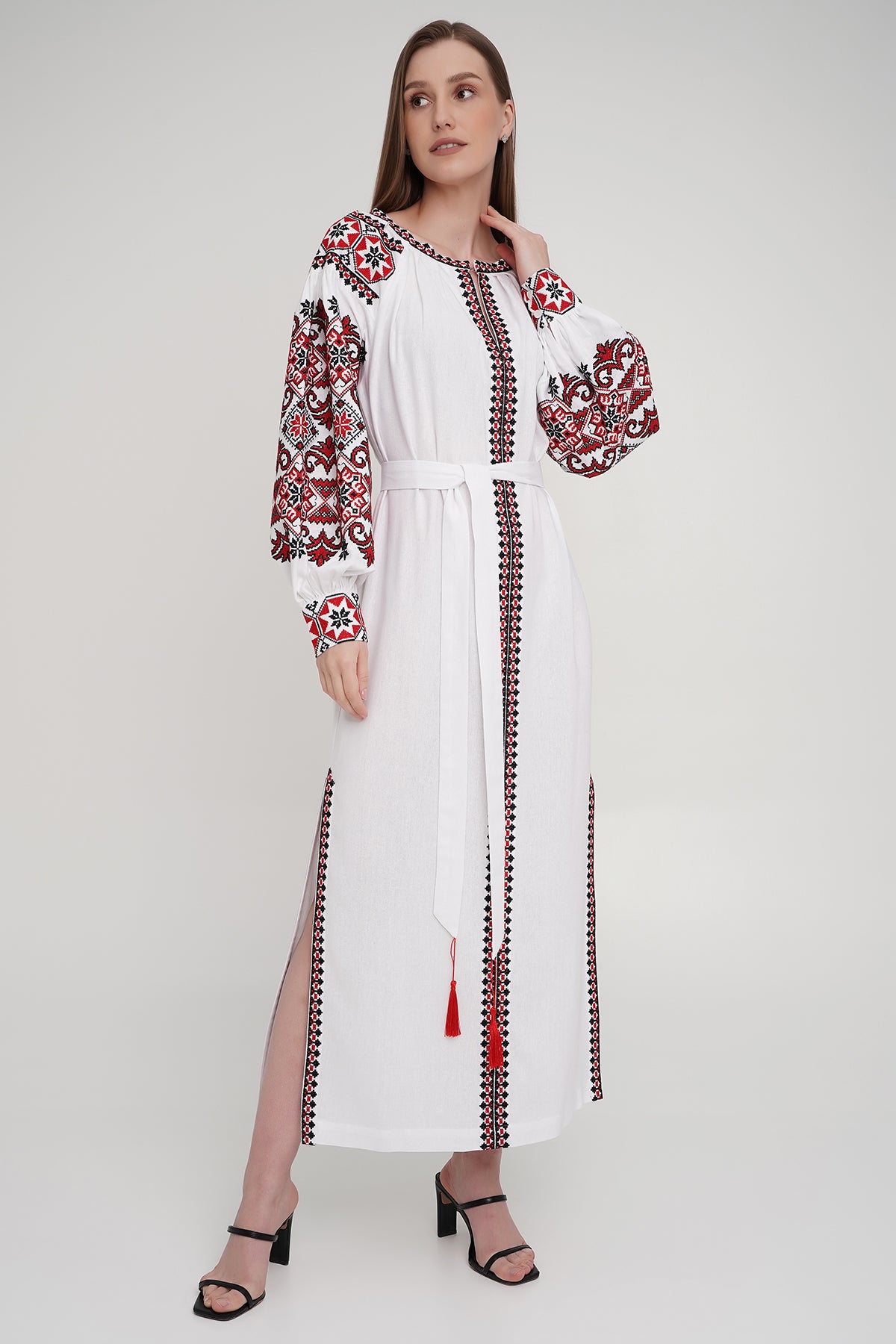 Women’s White Embroidered Dress with Red & Black Cross-Stitch Embroidery – Linen Blend