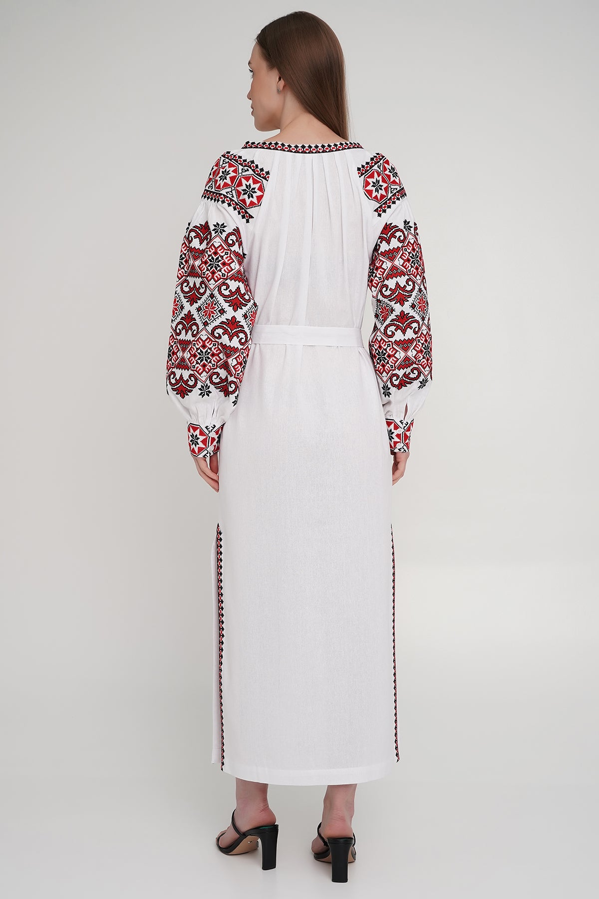 Women’s White Embroidered Dress with Red & Black Cross-Stitch Embroidery – Linen Blend