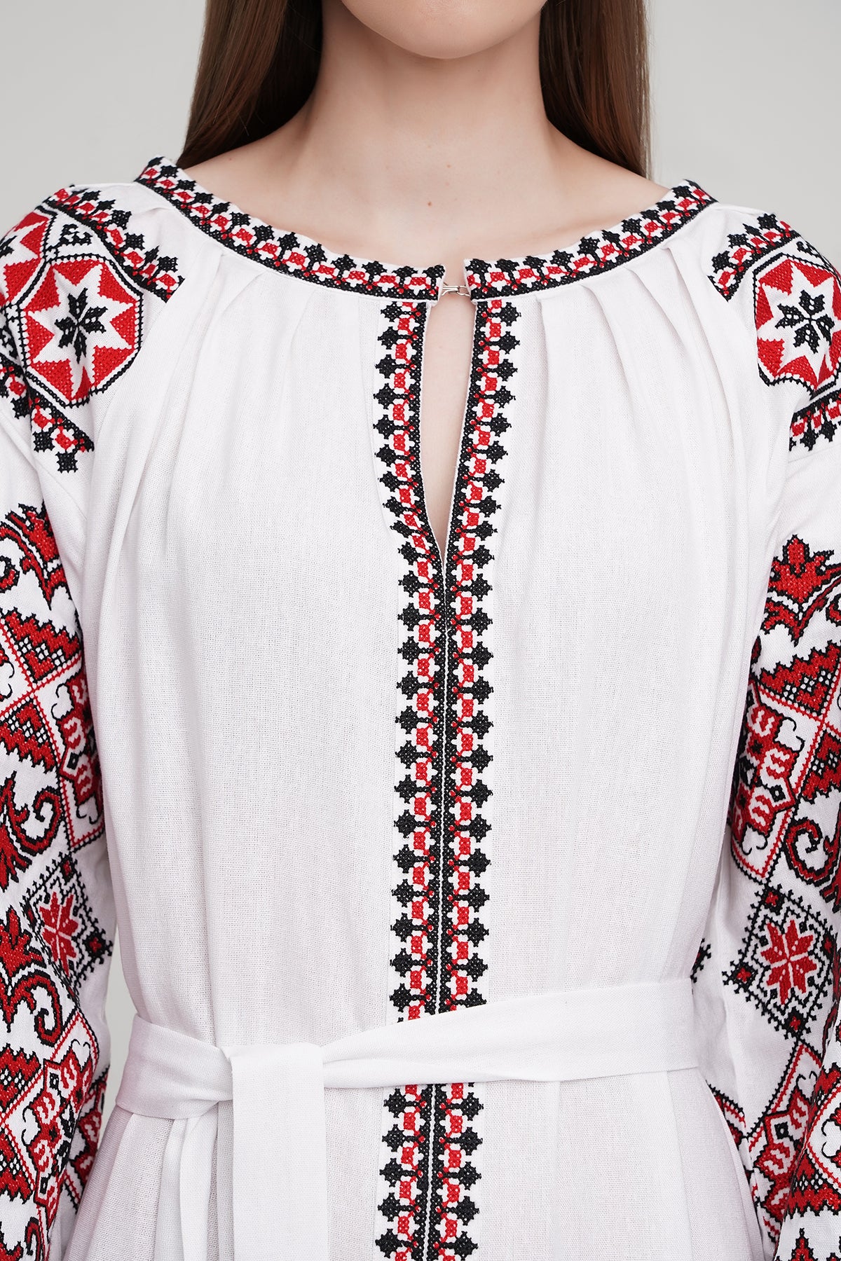 Women’s White Embroidered Dress with Red & Black Cross-Stitch Embroidery – Linen Blend