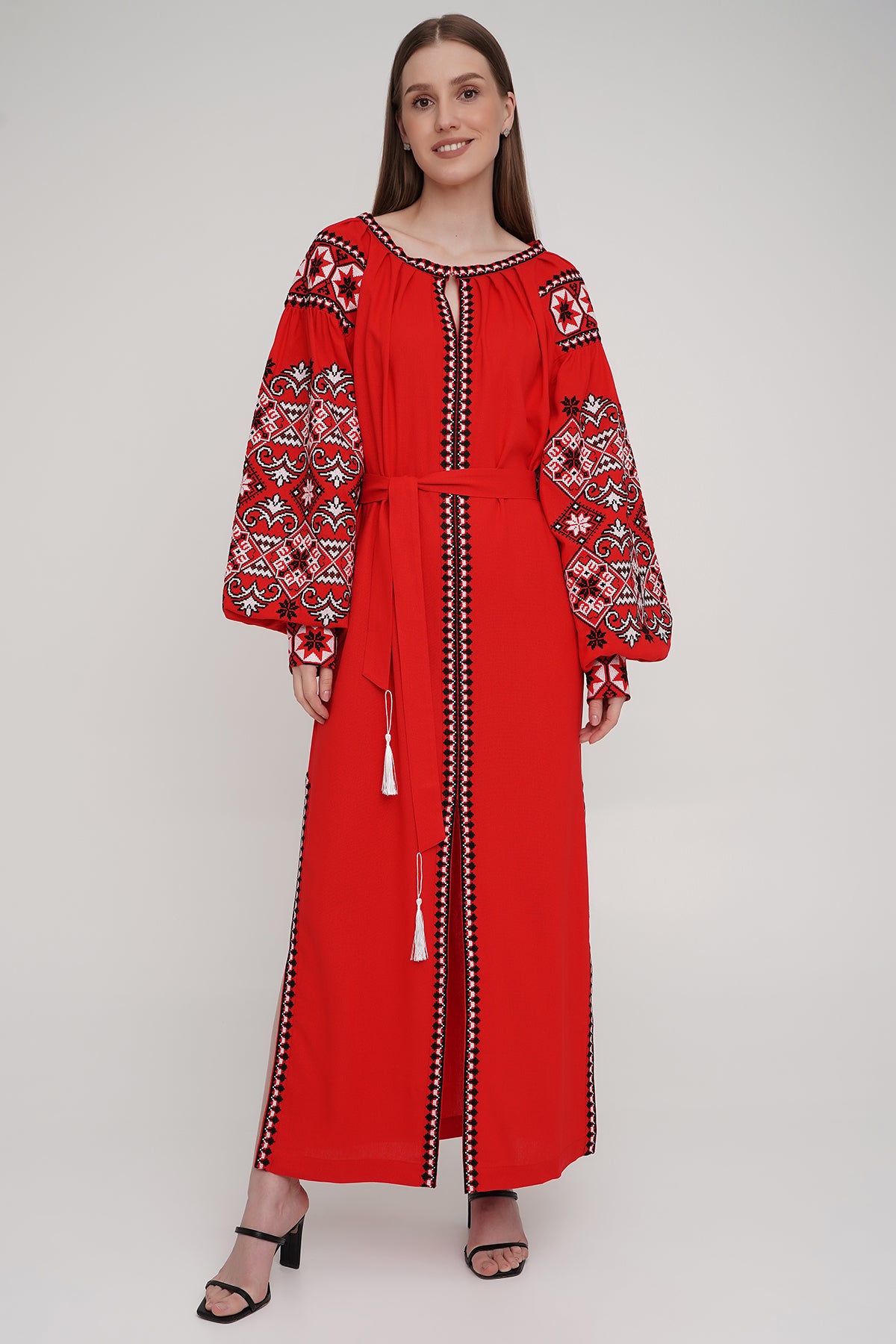 Women’s Red Embroidered Dress with White Cross-Stitch – Linen Blend
